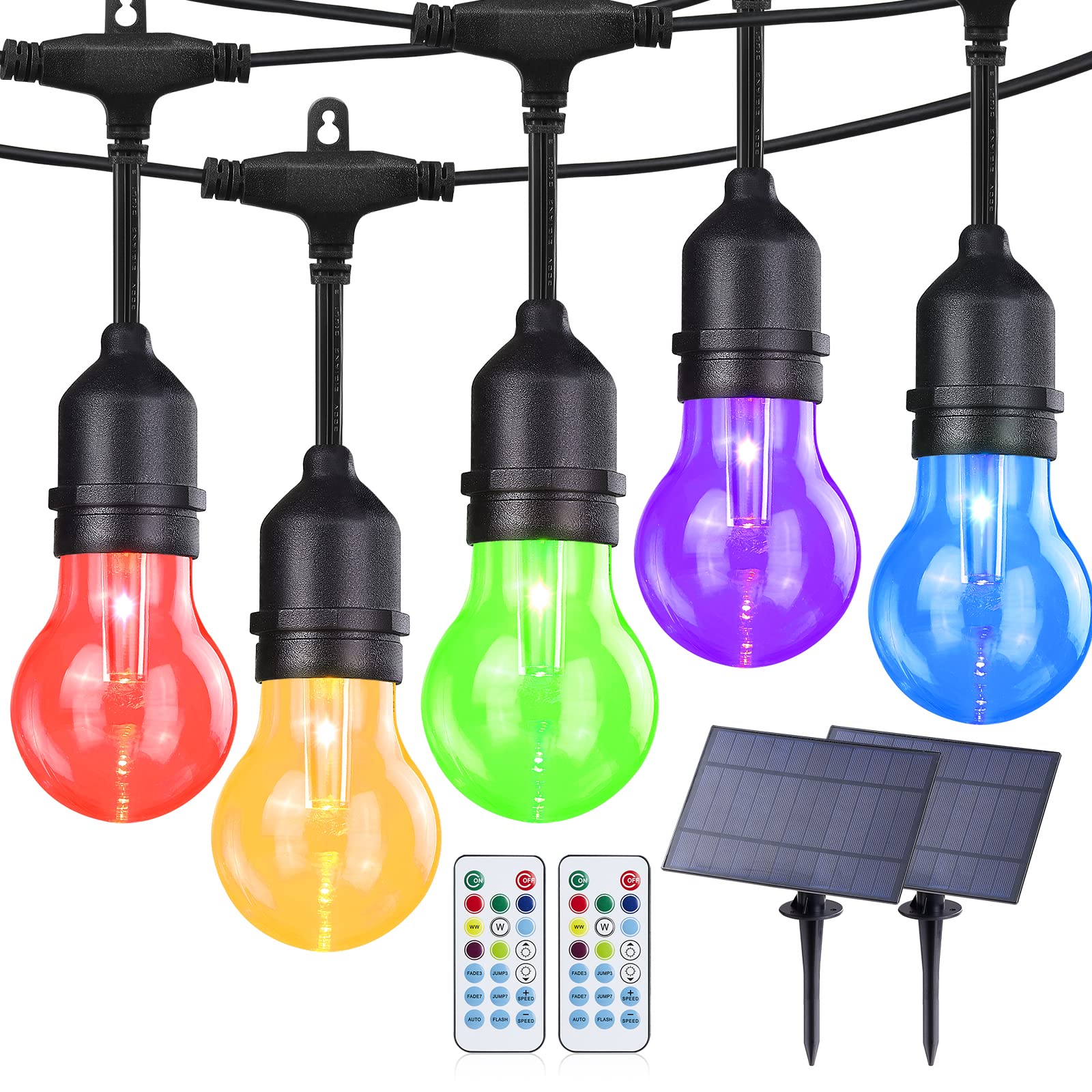 96FT Solar Outdoor RGB String Lights with Remote - Dimmable Shatterproof Edison Bulbs for Patio, Yard, Party & Commercial Use | Perfect for Cafe Decor, Garden Lighting & Outdoor Events