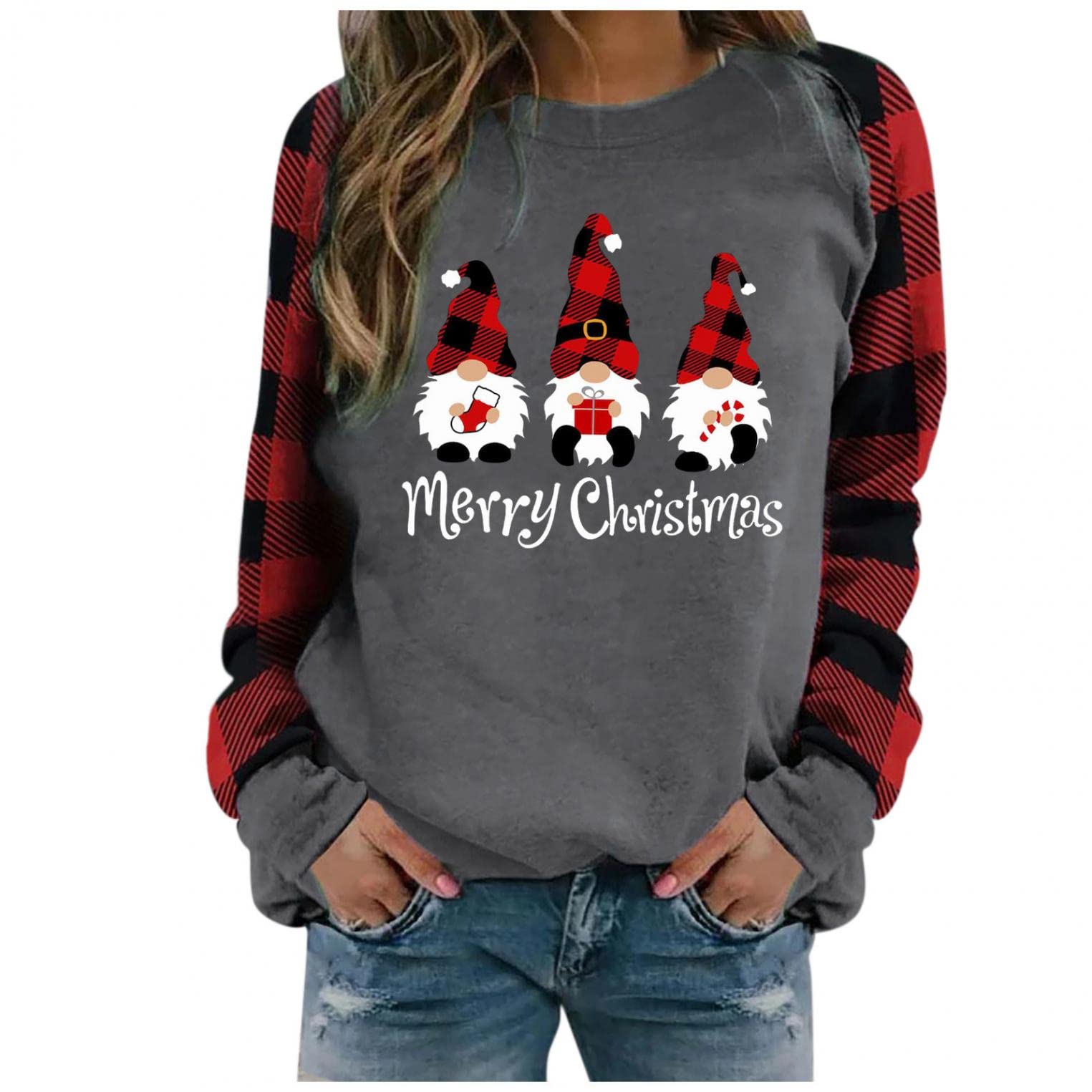 Women's Christmas Crewneck Sweatshirt - Cute Printed Pullover T-Shirt, Loose Long Sleeve Casual Top | Holiday Party, Family Gathering, Office Outfit