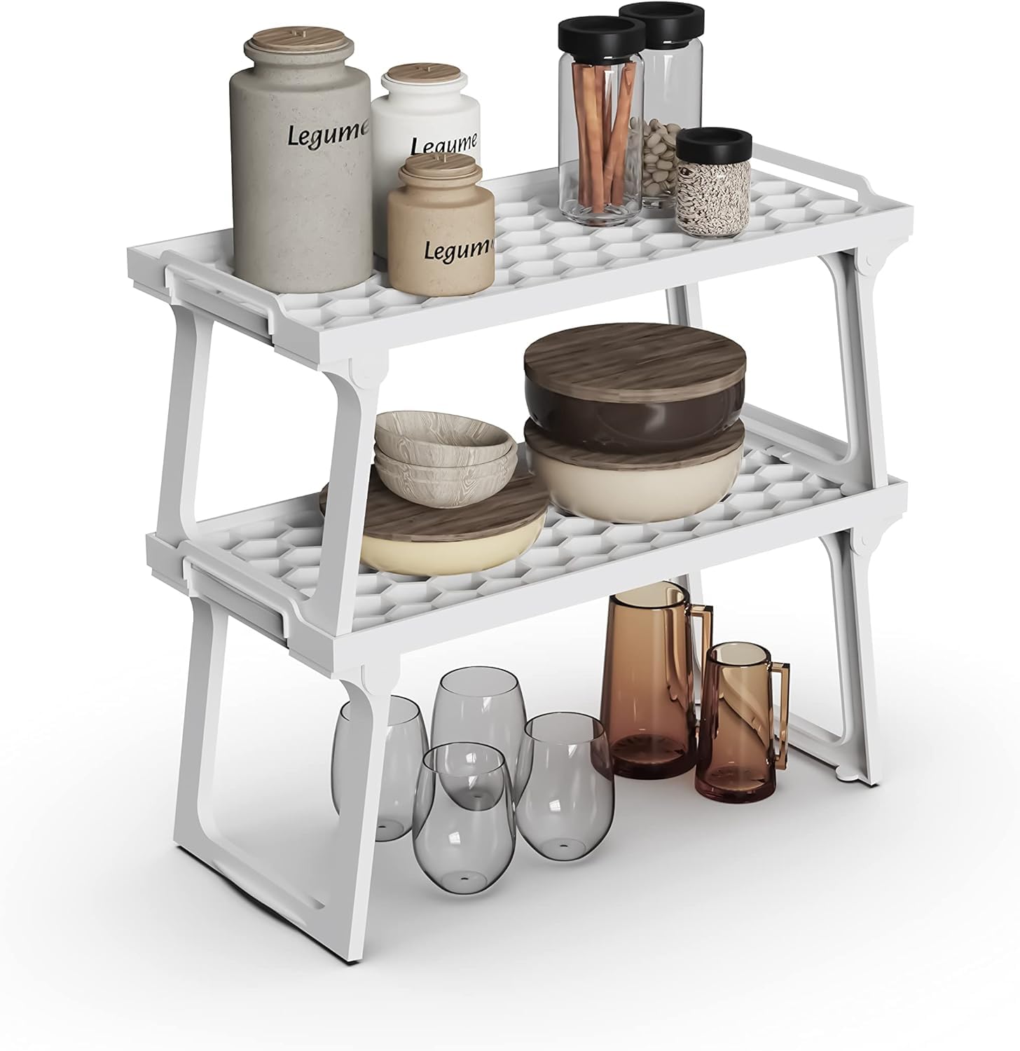 Ums Stackable White Plastic Kitchen Cabinet Shelf Organizers - 12 x 5.5 Inch Freezer & Refrigerator Storage Racks for Spices, Pantry - Space Saving Shelf Risers (Pack of 4) - Perfect for Organizing Small Items in Fridge, Cabinets or Closet Storage