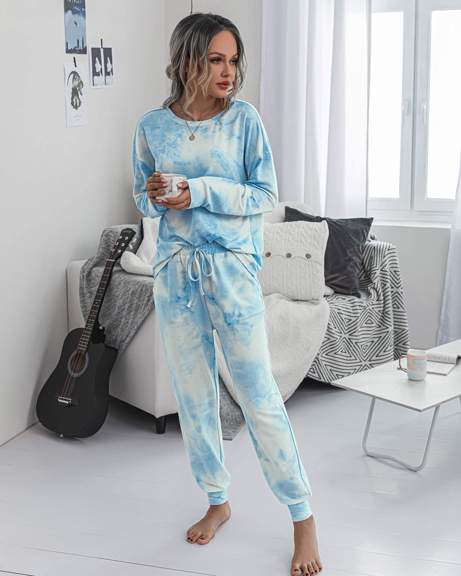 TSMNZMU Women's Pajama Sets - Tie Dye 2-Piece Sleepwear with Long Sleeve Pullover Top & Pants with Pockets | Soft Lounge Wear for Home, Travel & Relaxation