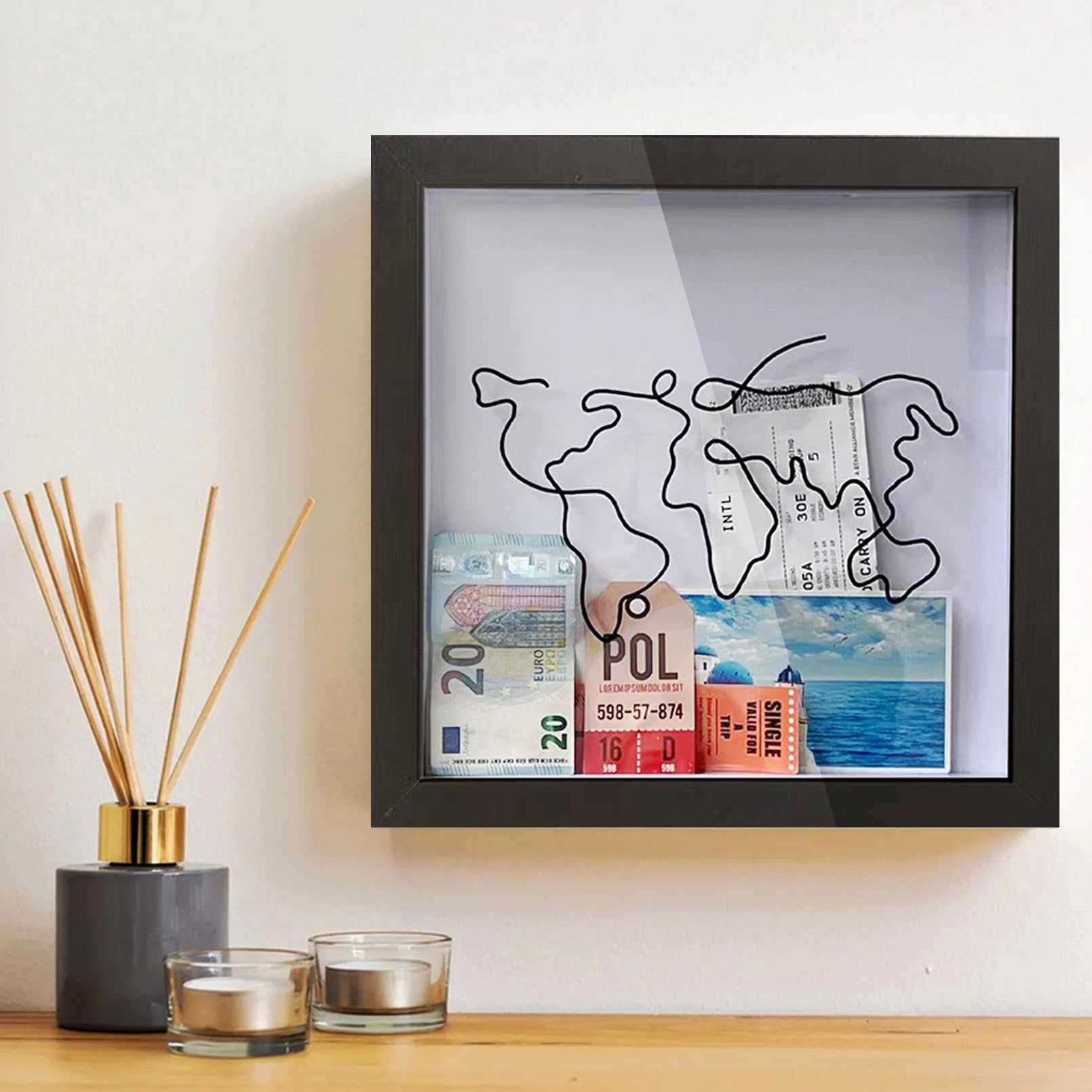 Adventure Archive Box - 8/12-Inch Wooden Travel Shadow Box with Slots, World Map Souvenir Organizer & Keepsake Display Frame (8-Inch Black) - Perfect for Travel Memorabilia, Photo Display & Home Decor
