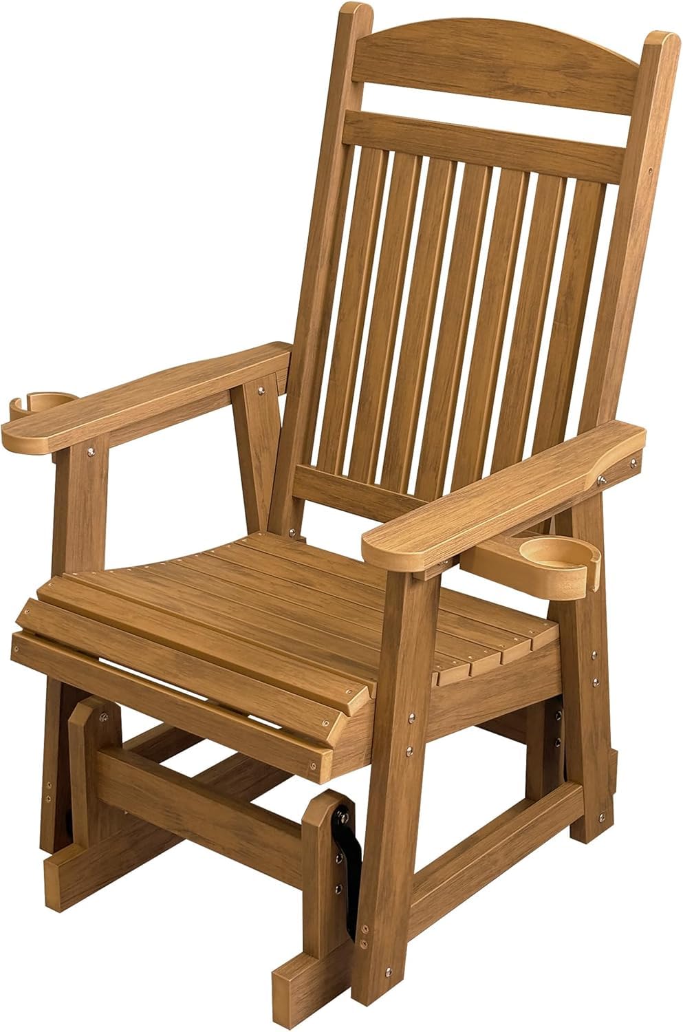 Poly Lumber Single Person Patio Glider with Cup Holders - High Back Support & Contoured Seat - Heavy Duty 700lb Capacity All-Weather HIPS Material (Brown) - Perfect for Porch, Garden & Outdoor Relaxation
