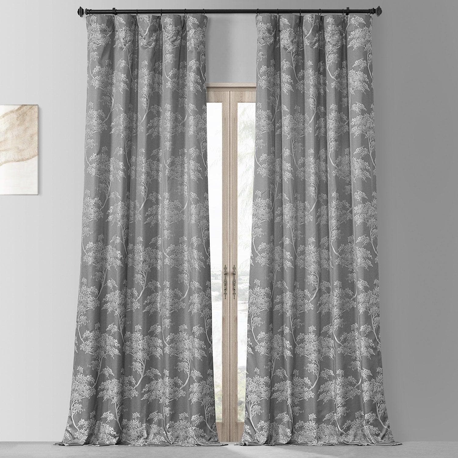 Sequoia Silver Grey Floral Faux Silk Jacquard Blackout Curtains for Bedroom & Living Room - Elegant Light Blocking Window Drapes for Home Decor