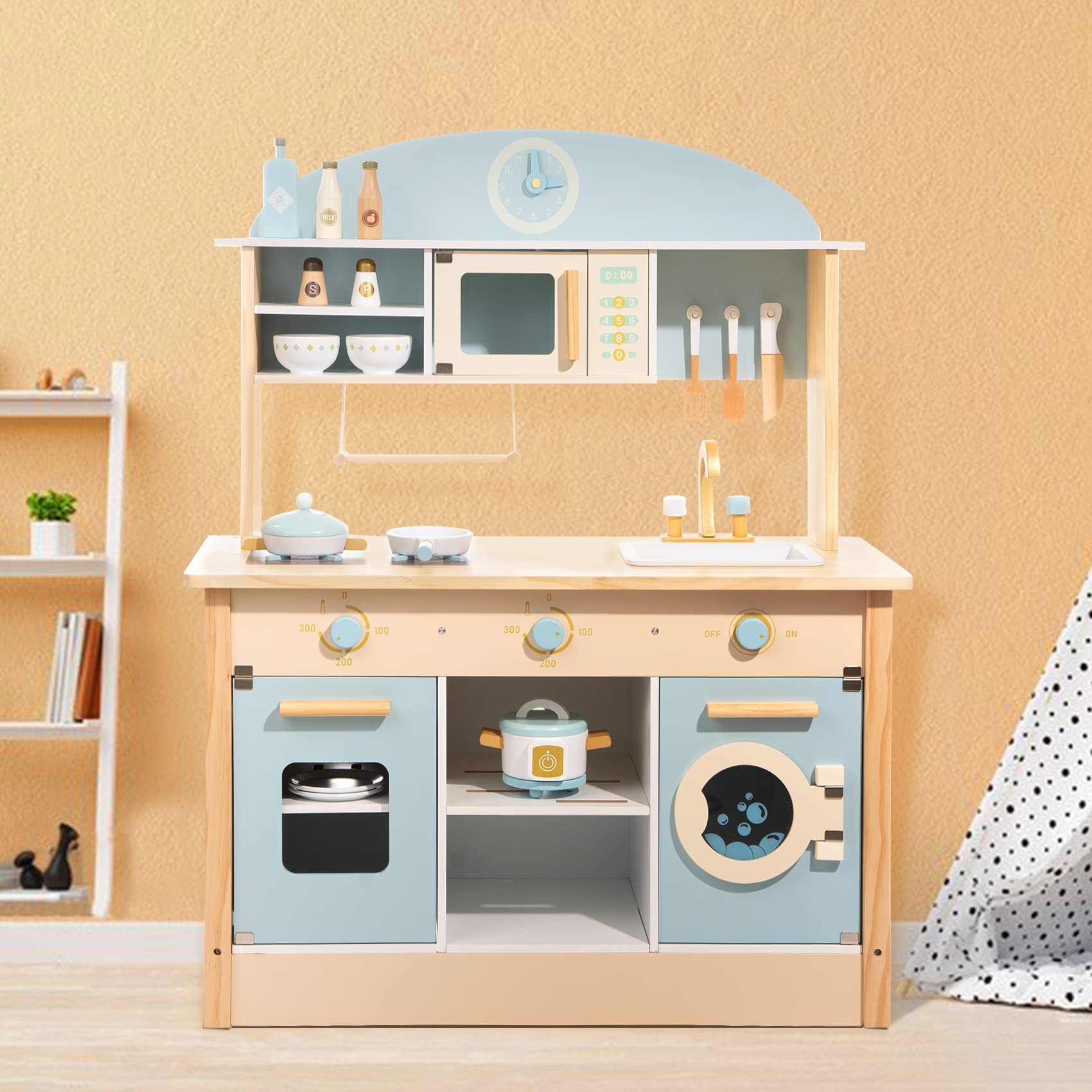ROBOTIME Wooden Play Kitchen Toy Set for Kids - Realistic Toddler Kitchen with Sink, Stove & Accessories - Pretend Play Kitchen for Boys & Girls Ages 3+ - Perfect Gift for Birthday & Christmas - Great for Home, Preschool & Daycare Role Play