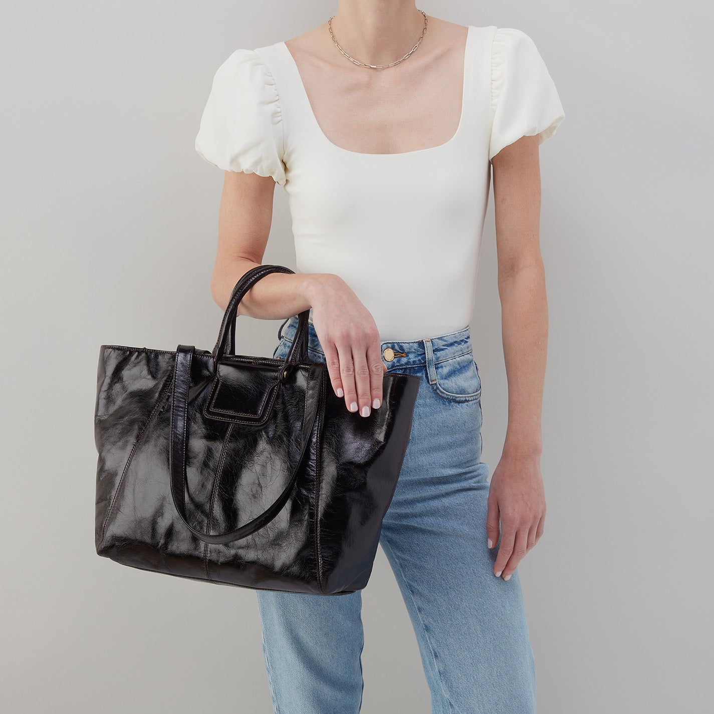 Sheila East West Tote Bag - Premium Polished Leather Handbag for Women, Black - Perfect for Work, Travel & Everyday Use