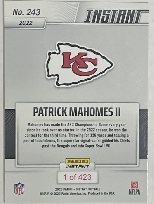 2022 Panini Instant AFC Champions Kansas City Chiefs Team Set - 24 Total Cards Including Patrick Mahomes, Travis Kelce & Stars - Limited Edition Football Trading Cards (Print Run: 423) - Perfect for Collectors, Fans & Sports Memorabilia Enthusiasts