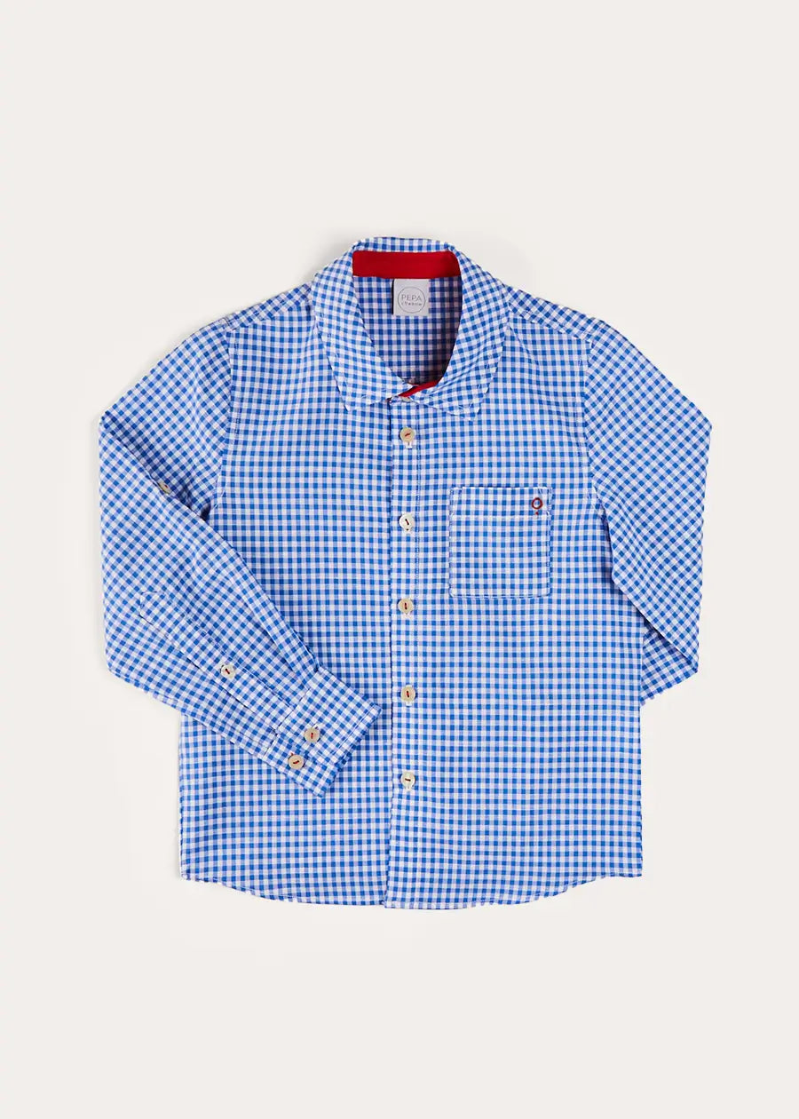 Carlisle Gingham Polo Collar Long Sleeve Shirt for Boys & Girls (Ages 4-10) - Blue Checkered Cotton Top for School, Playdates & Casual Outings