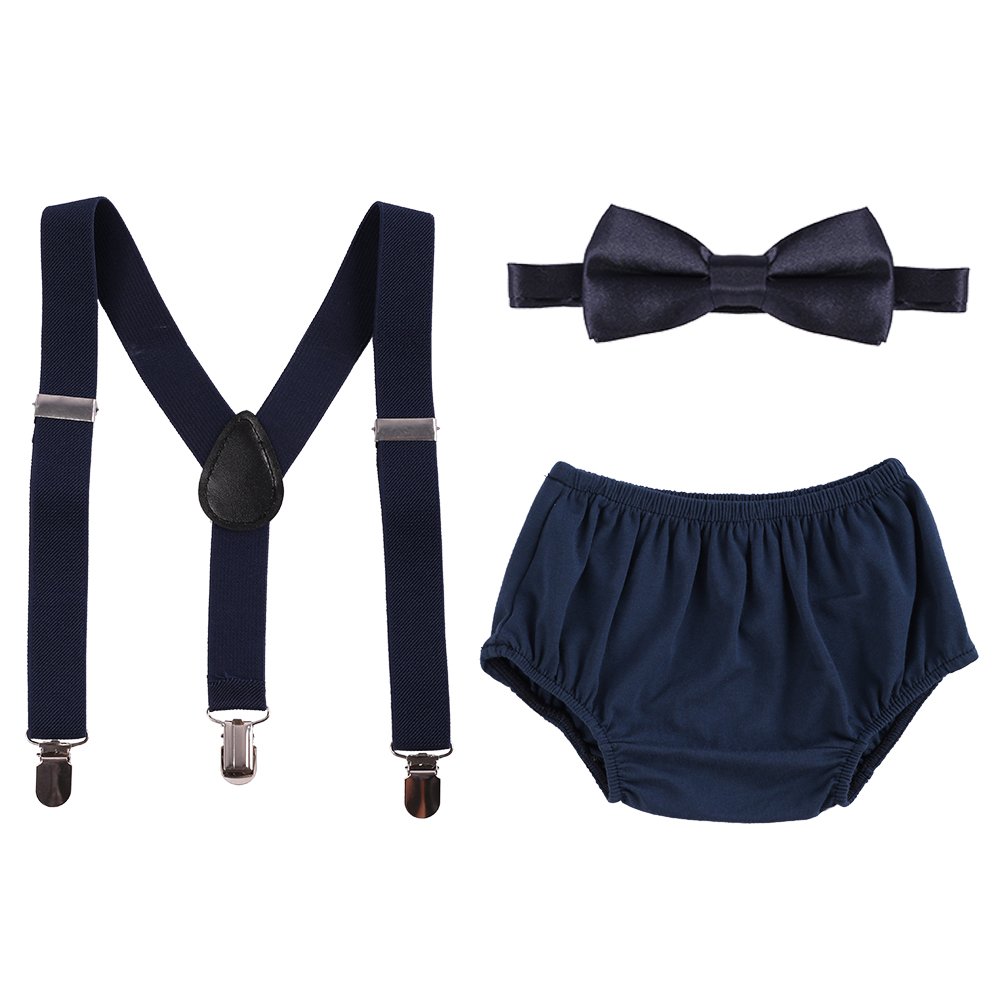 Baby Boys Cake Smash Outfit Set - 3PCS Diaper Suspenders, Pants & Bow Tie for 1st & 2nd Birthday Photo Props (Navy Blue, 3-24 Months) | Perfect for Birthday Parties, Cake Smash Photography & Special Occasions