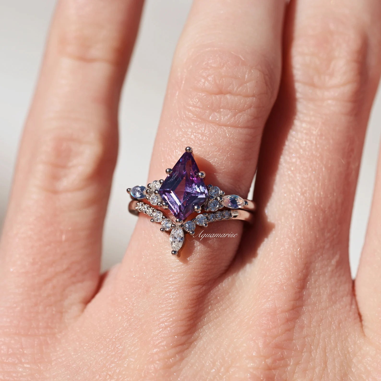 Skye Kite™ Alexandrite & Moonstone Engagement Ring Set in 14K White Gold - Perfect for Proposals, Anniversaries & Bridal Jewelry Gifts