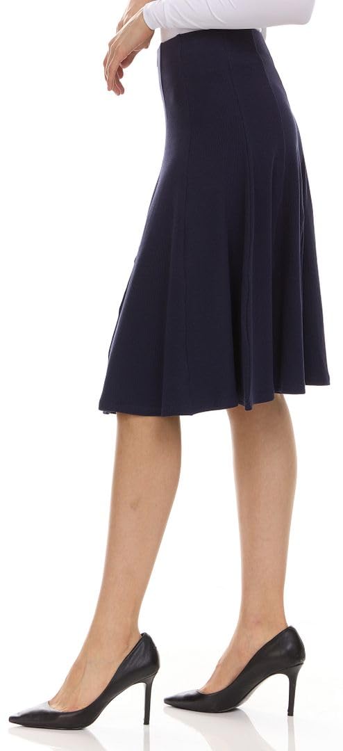 Women's Ribbed Cotton Knee-Length Skirt with Elastic Waist - Office Pleated Skirt for Work, Business Casual & Spring Outfits