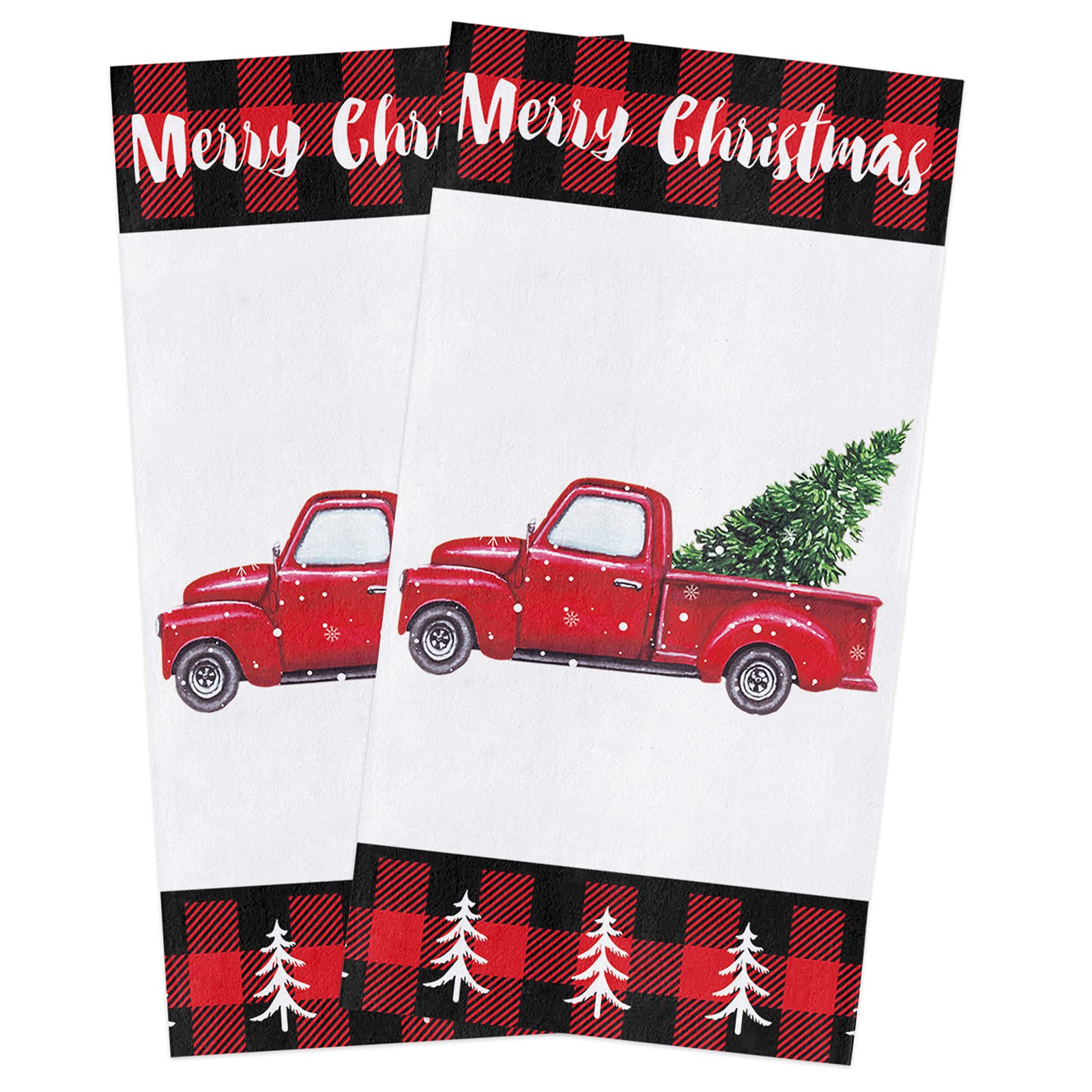 Zadaling Christmas Kitchen Towels Set of 2 - 16x28 Inch Soft Cotton Dish Cloths with Festive Red & Black Check Tree Truck Design - Perfect for Holiday Cooking, Dish Drying & Hand Towels