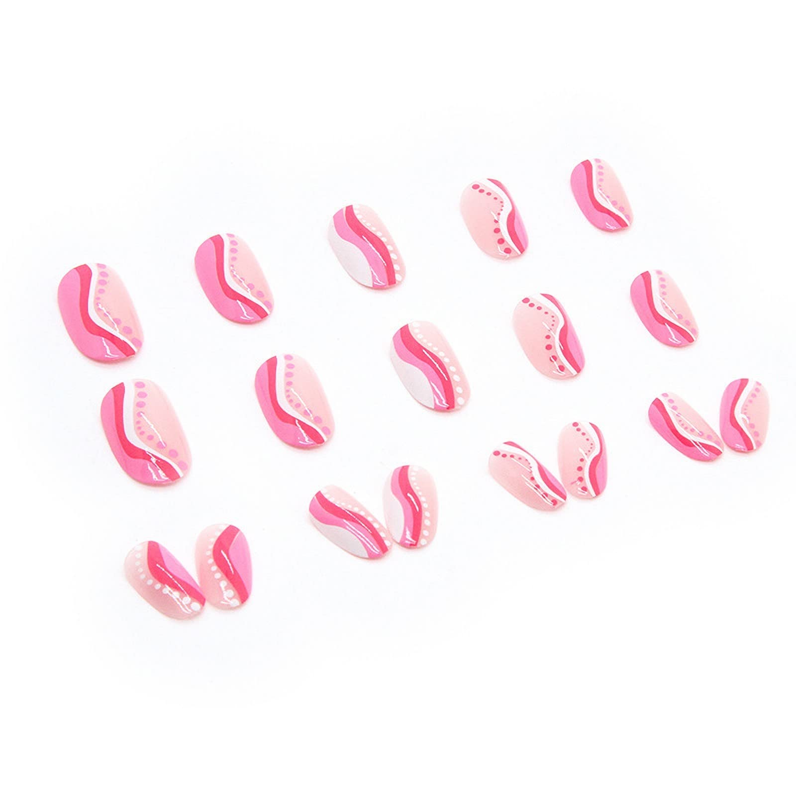 MISUD 24pcs Round Press-on Nails - Pink Wave Point Oval Acrylic Glossy Fake Nails with White Swirl Designs | Easy Glue-on Artificial Nails for Women | Perfect for Parties, Weddings & Daily Wear