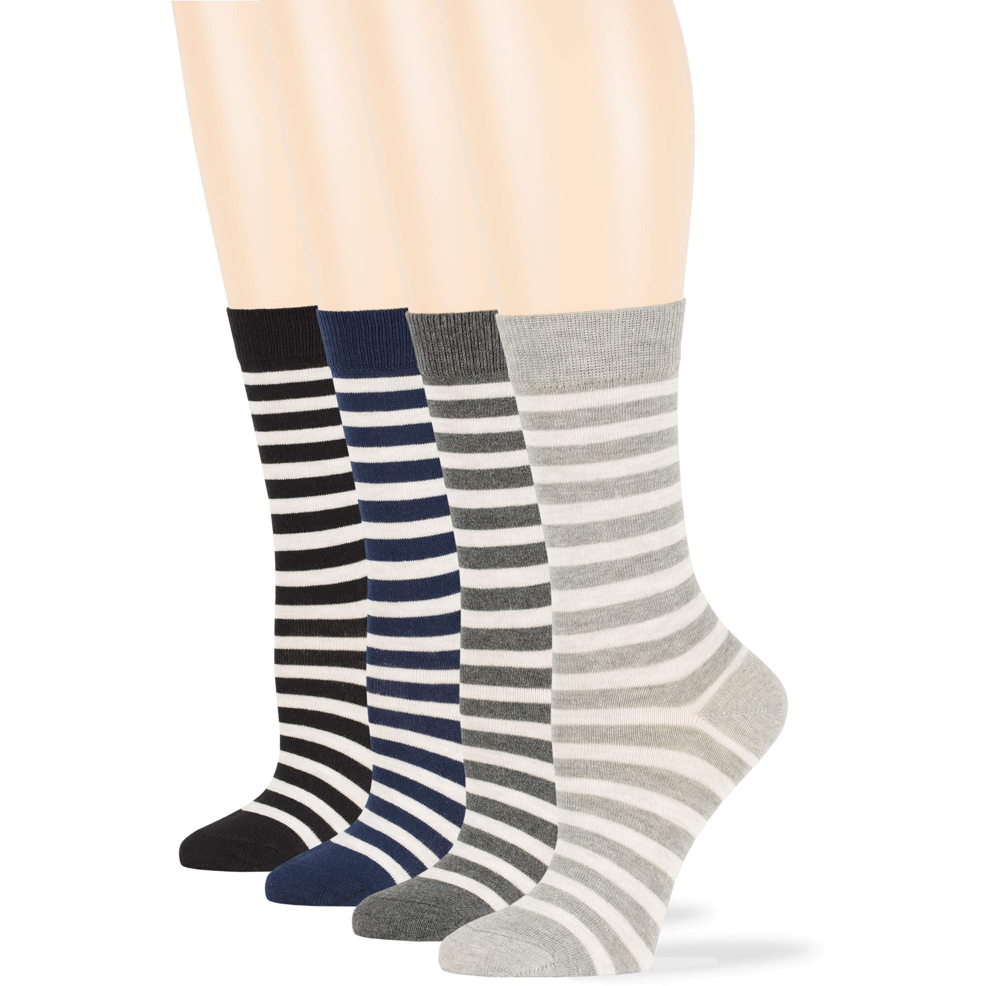 7BigStars Women's Cotton Crew Socks 4-Pack (L/M) - Striped Casual Dress Socks in Assorted Colors (Black, Brown, Blue, Grey, Beige, Khaki, Olive Green) - Perfect for Office, Daily Wear & Outfits