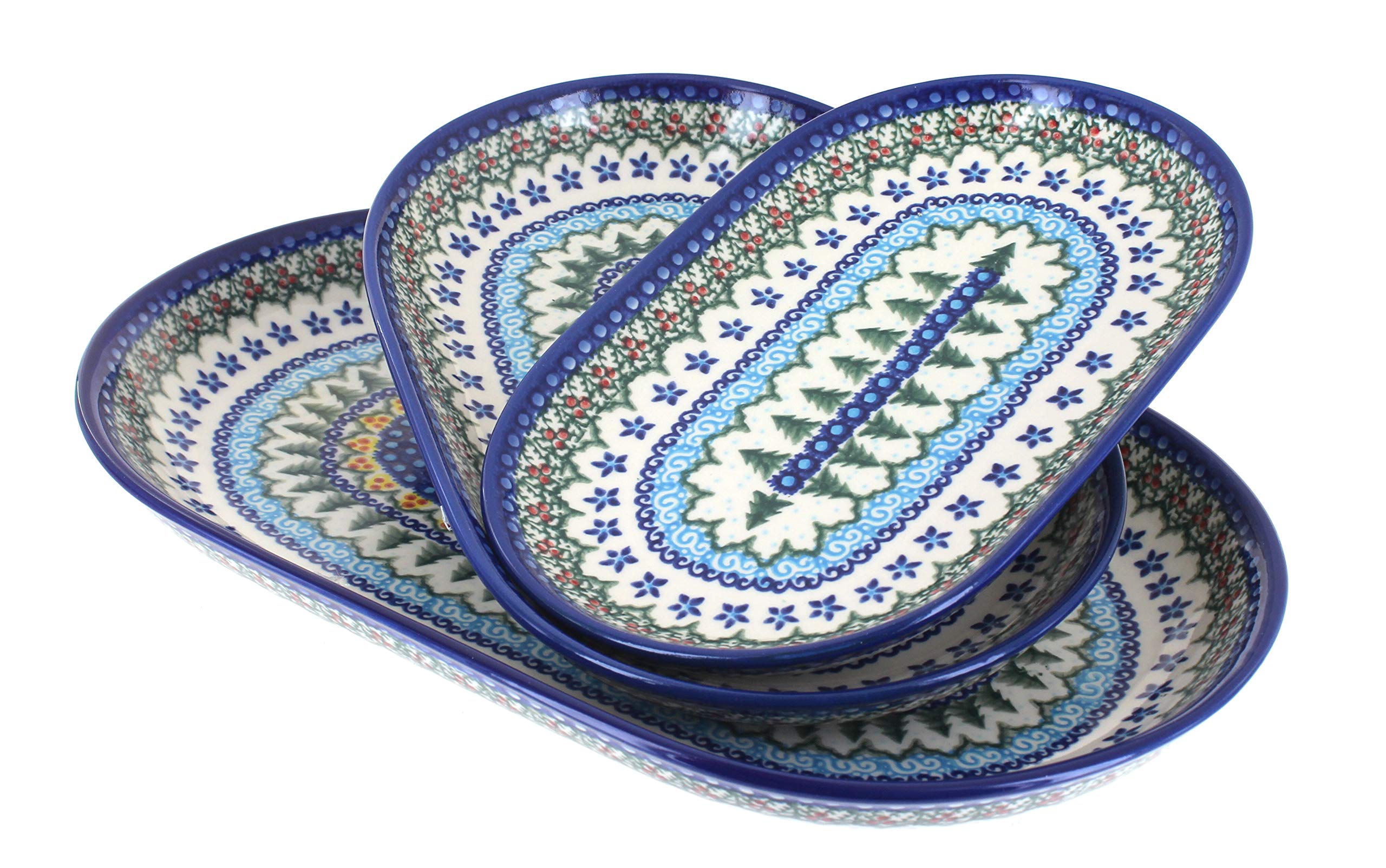Blue Rose Polish Pottery Holiday Pines 3-Piece Oval Serving Set - Elegant Appetizer Platter for Christmas Dinner, Holiday Parties & Special Occasions