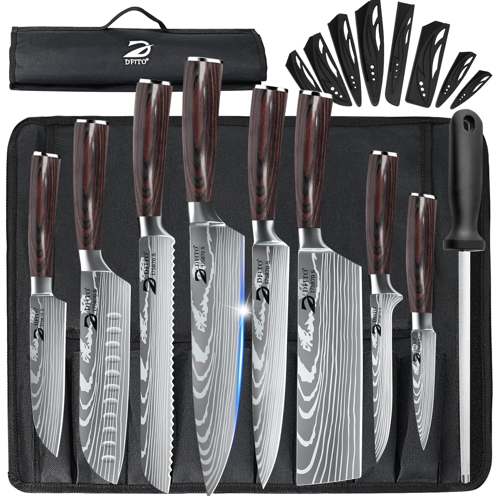 Premium 9-Piece Professional Chef Knife Set with Roll Bag - High Carbon Stainless Steel Kitchen Knives with Red Pakkawood Handle - Dishwasher Safe - Perfect for Home Cooks, Culinary Students & Professional Chefs - Ideal for Slicing, Dicing & Food Prep