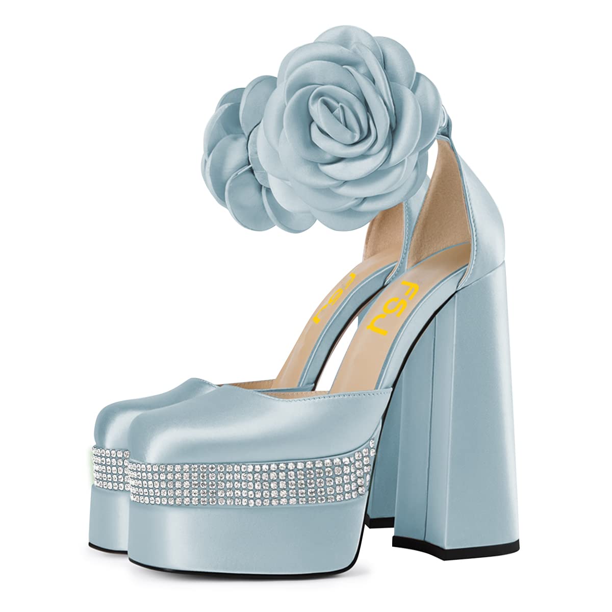 FSJ Women's Chunky High Heel Sandals - Square Toe Ankle Strap Party Shoes with Floral Detail, Satin Dress Pumps for Club & Evening Wear, US Sizes 4-15 | Perfect for Weddings, Prom & Special Occasions