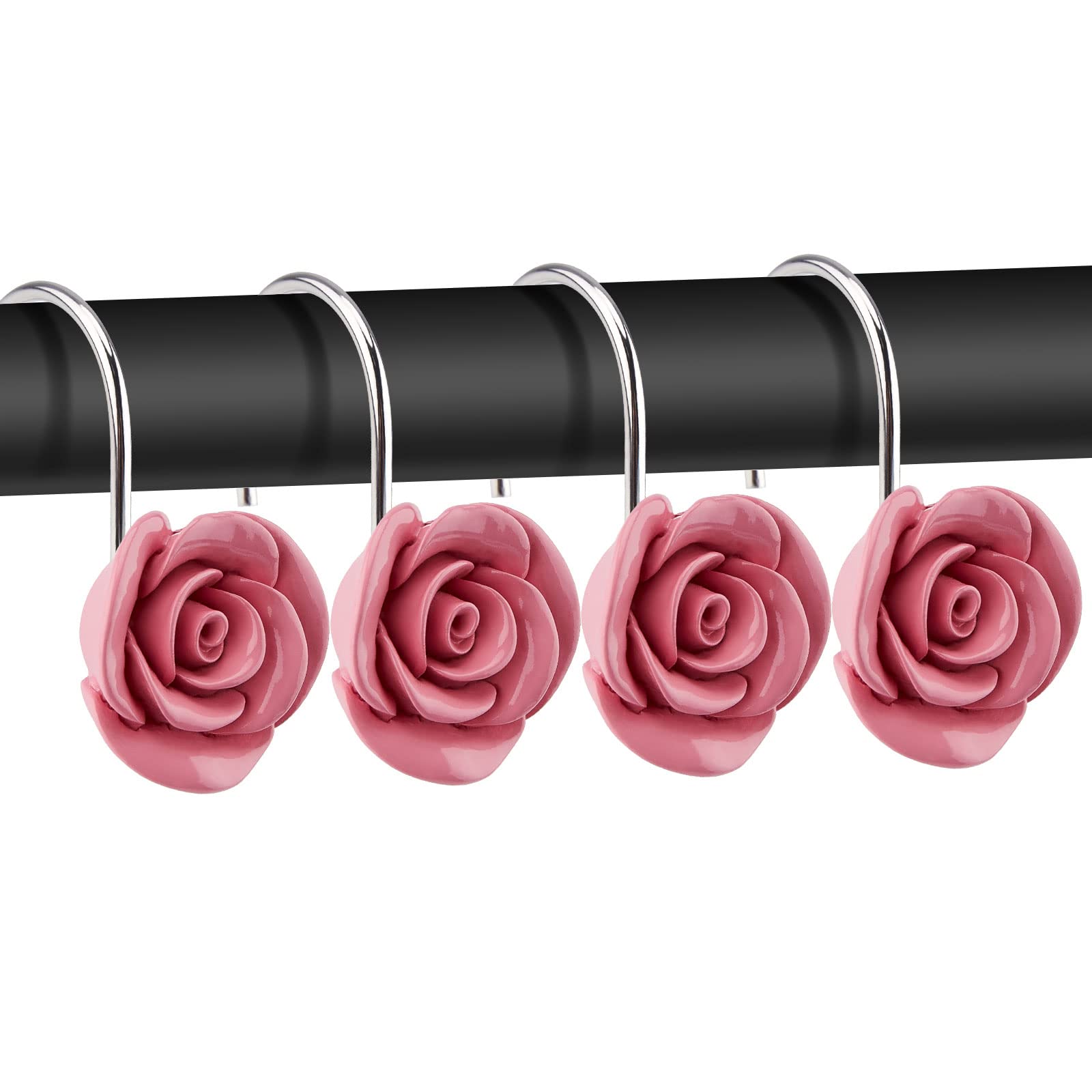AGPTEK 12PCS Rose Shower Curtain Hooks - Rust-Resistant Decorative Resin Hooks for Bathroom, Nursery, Bedroom & Living Room Decor (Pink Rose) - Perfect for Vintage Style Home Decor and Gift Giving