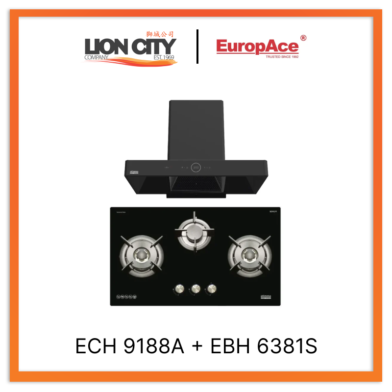 Europace ECH9188A 90CM Premium T Chimney Range Hood with EBH6381S 3-Burner 80cm Slim Gas Cooktop (Schott Glass) - Perfect for Modern Kitchens and Open-Concept Living Spaces