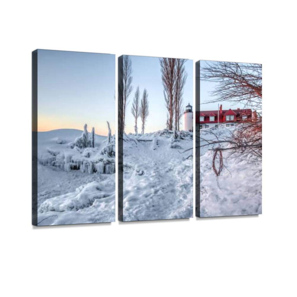 Michigan Winter Lighthouse on Great Lakes Canvas Wall Art - Modern 3 Panel Painting for Office, Living Room & Bedroom Decor - Coastal Landscape Artwork for Home & Workspace