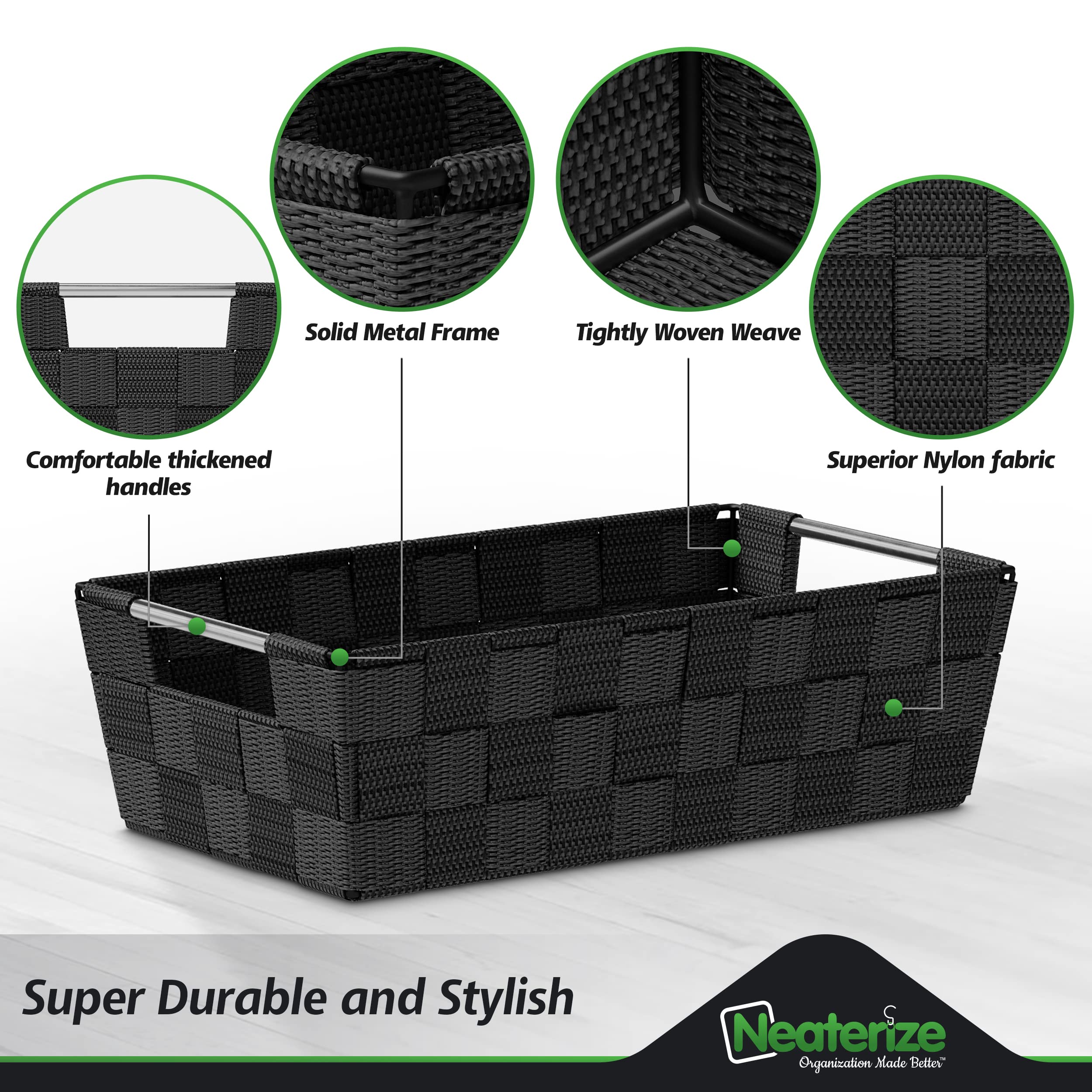 NEATERIZE Closet Organizer Baskets - Set of 9 Black Storage Bins for Laundry, Baby Clothes, Nursery, Linen Closet & Pantry Organization | Perfect for Shelves, Drawers & Home Storage Solutions