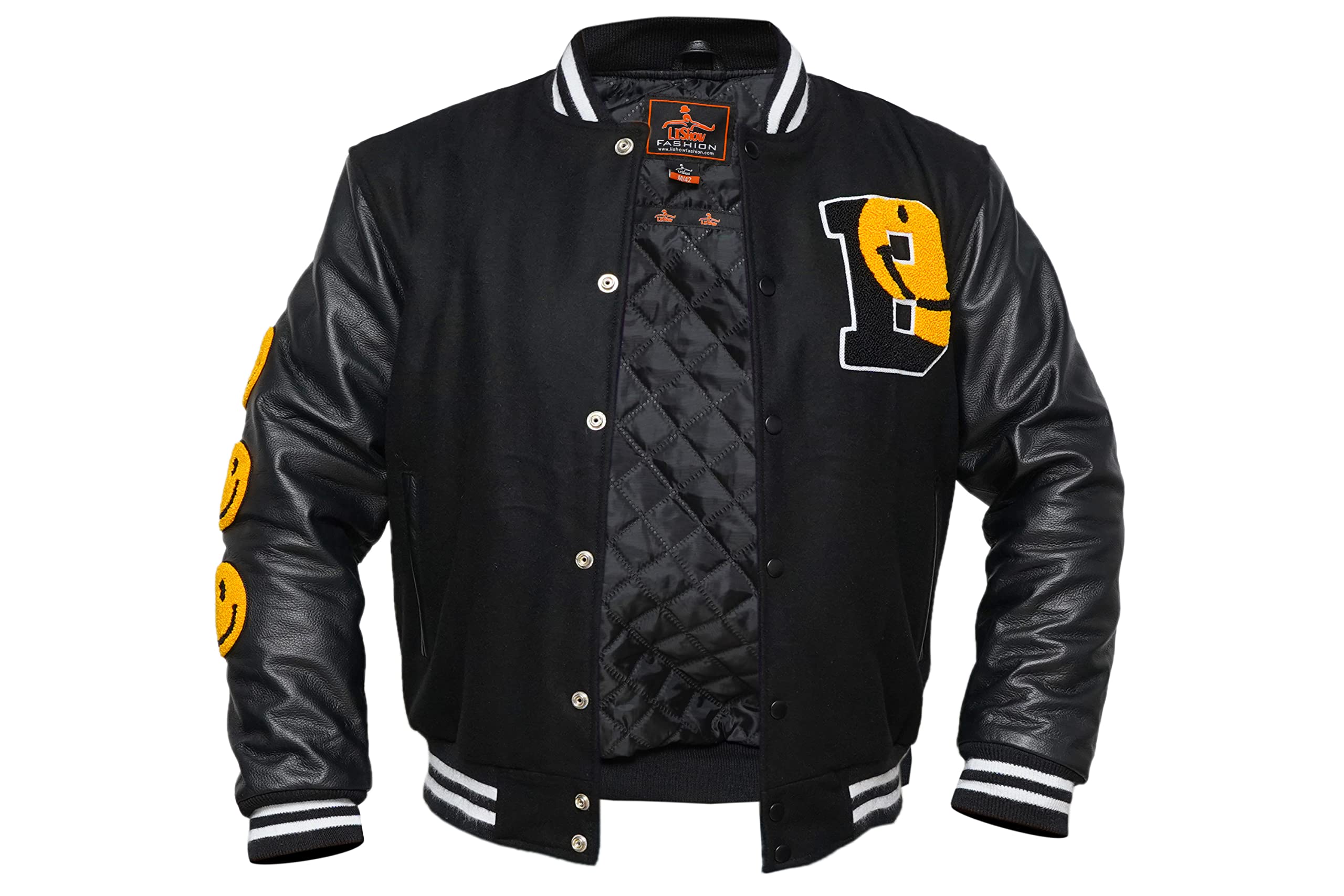 Smiley Varsity Jacket - Premium Black Wool & Genuine Leather Sleeves Baseball Letterman Bomber for Men & Women | Perfect for School, College, Sports Events & Casual Streetwear