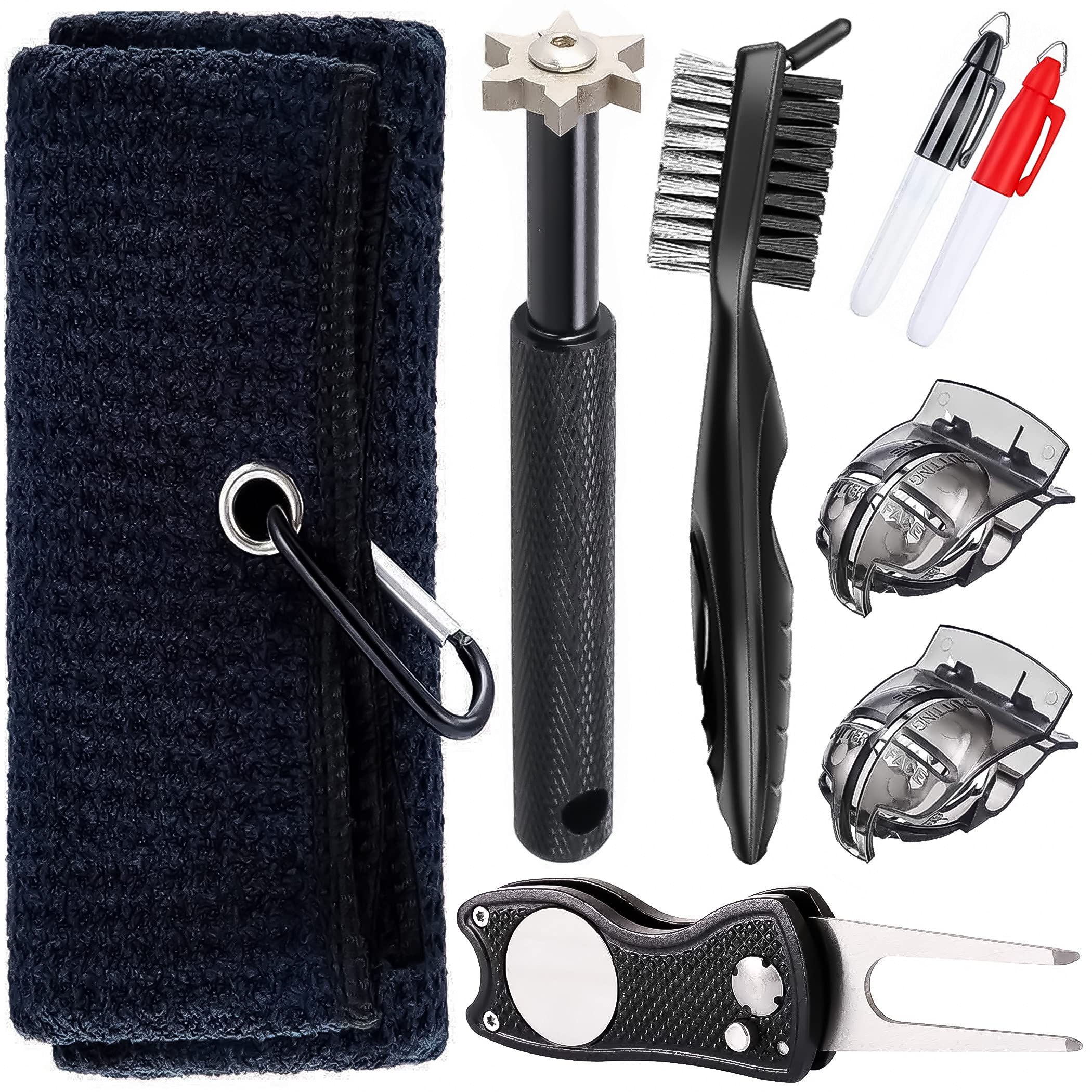 Premium Golf Towel Set with Groove Sharpener, Divot Tool, Club Brush & Ball Marker - Essential Golf Bag Accessories for Men & Women - Perfect for Driving Range, Course Play & Tournament Preparation