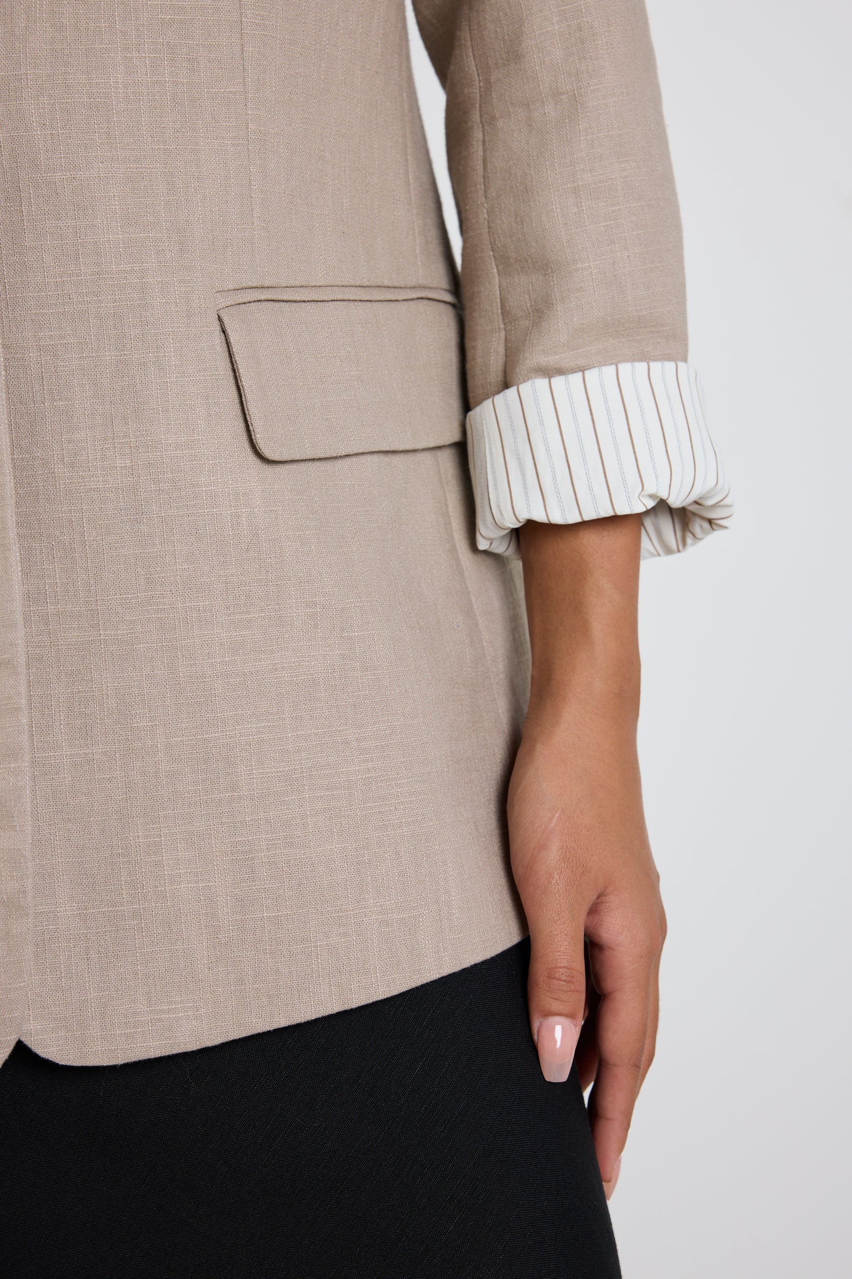 Taupe Ramie Rolled Sleeve Blazer Jacket for Women - Lightweight Summer Office Wear & Casual Outfits