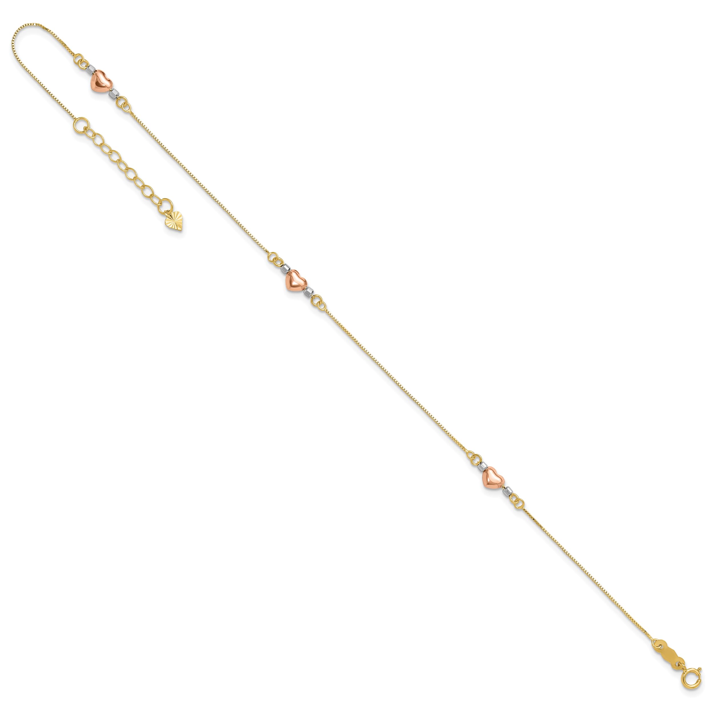 14K Tri-Color Gold Heart Anklet Bracelet - Pink, White & Yellow Gold Love Foot Jewelry for Women - Perfect for Summer, Beach & Romantic Occasions