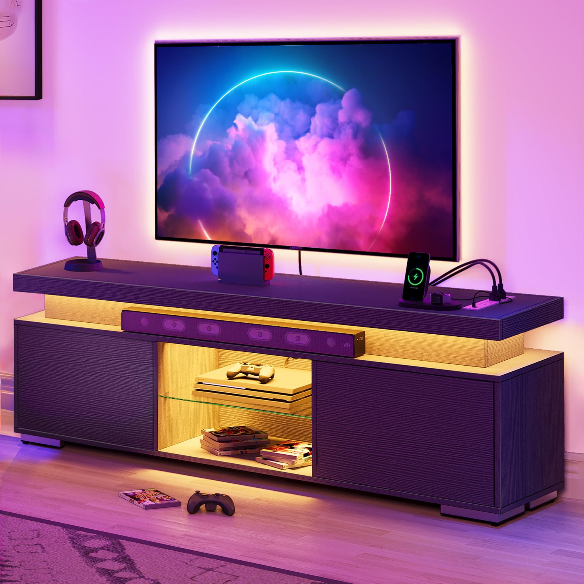 YITAHOME Modern TV Stand for 50-65 Inch TVs - Wood Entertainment Center with Power Outlets & LED Lighting - Living Room Media Console with Storage - Perfect for Gaming & Home Theater Setup