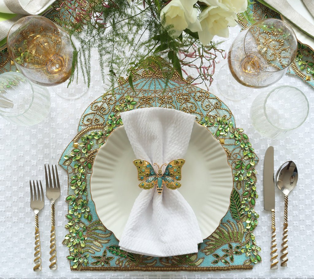 Arbor Napkin Ring Set of 4 - Blue & Green Cloth Napkin Holders in Gift Box for Wedding, Dinner Party & Holiday Table Decor