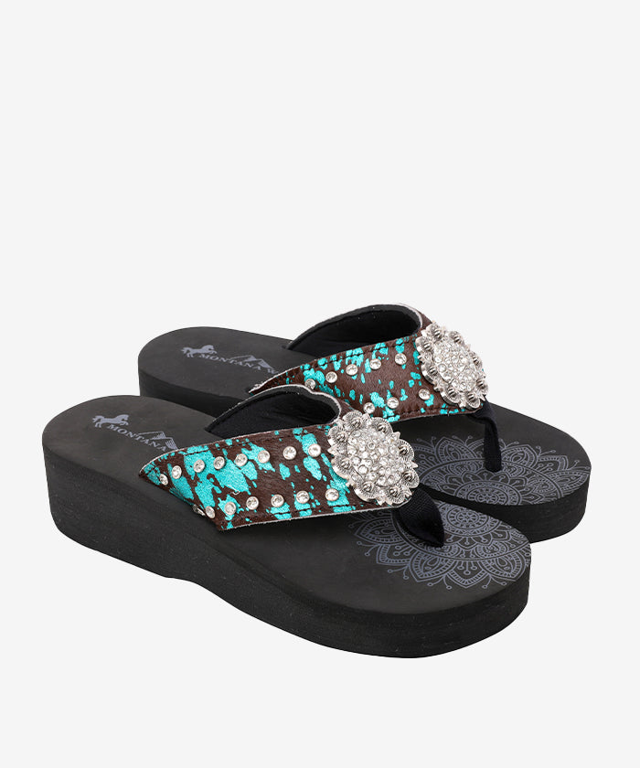 Mandala Silver Floral Rhinestone Concho Embroidered Wedge Flip Flops for Women - Boho Chic Summer Sandals for Beach, Pool & Casual Outings