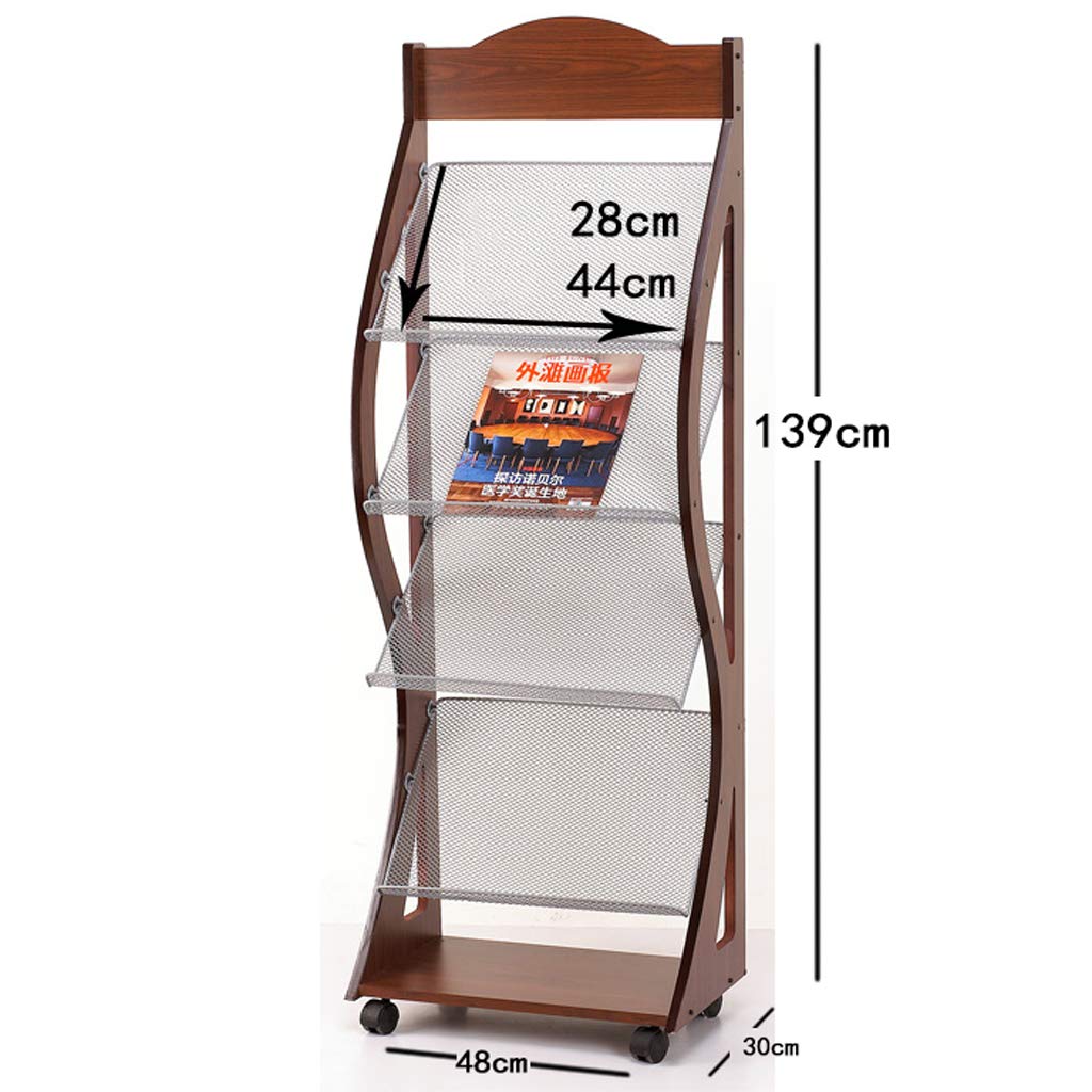 Premium Wooden Newspaper & Magazine Display Stand - 4-Tier Mesh Shelf Floor Rack for Home, Office, or Library Organization