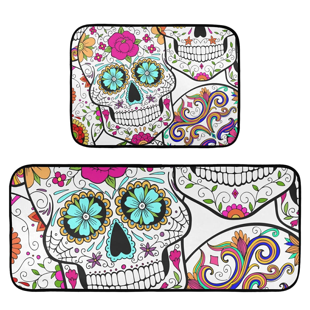 Day of the Dead Sugar Skulls Kitchen Rugs Set - 2 Piece Non-Slip Washable Runner Mats for Kitchen Floor, Home Decor, Laundry Room | Durable & Stylish for Halloween, Mexican Theme Parties & Cultural Home Decor