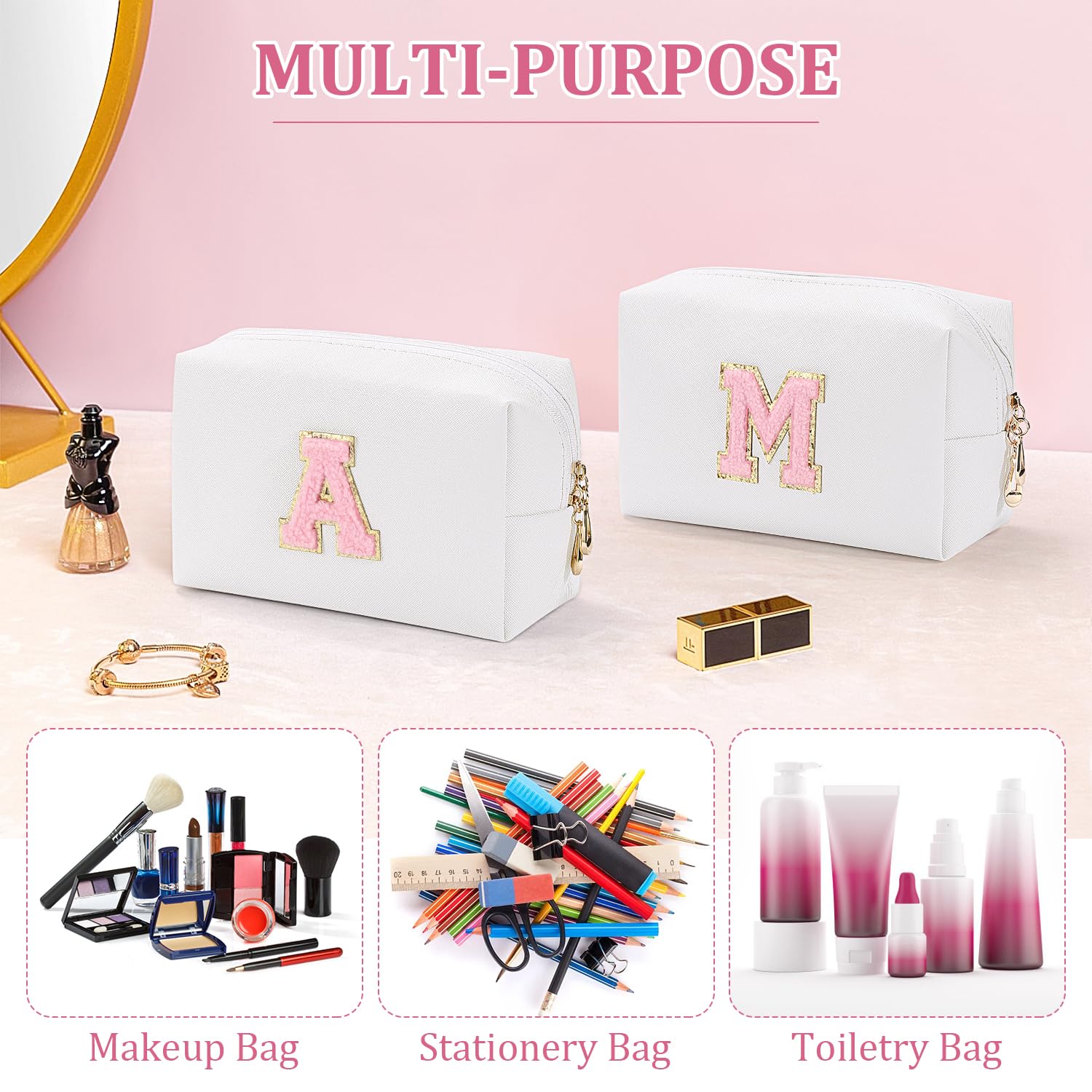 Personalized Initial Letter Makeup Bag for Women - Cute Waterproof PU Leather Cosmetic Bag, Travel Makeup Pouch with Zipper (K, White) - Perfect for Travel, Gym & Daily Organizer