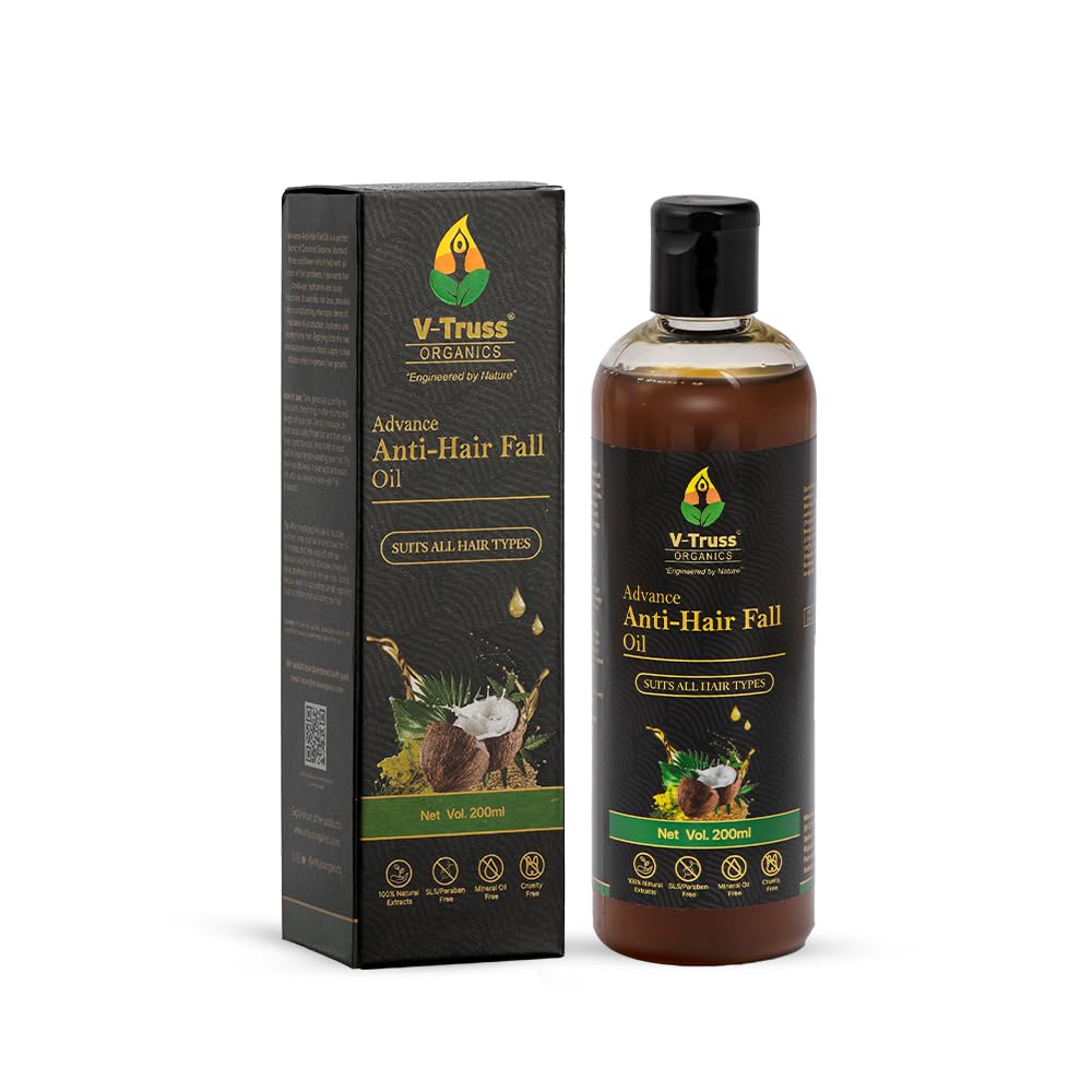 V-Truss Organics Advanced Anti Hair Fall Oil - 200ml | Natural Hair Growth Treatment for Men & Women | Stops Hair Loss & Promotes Thicker Hair | Perfect for Daily Scalp Massage & Overnight Hair Care