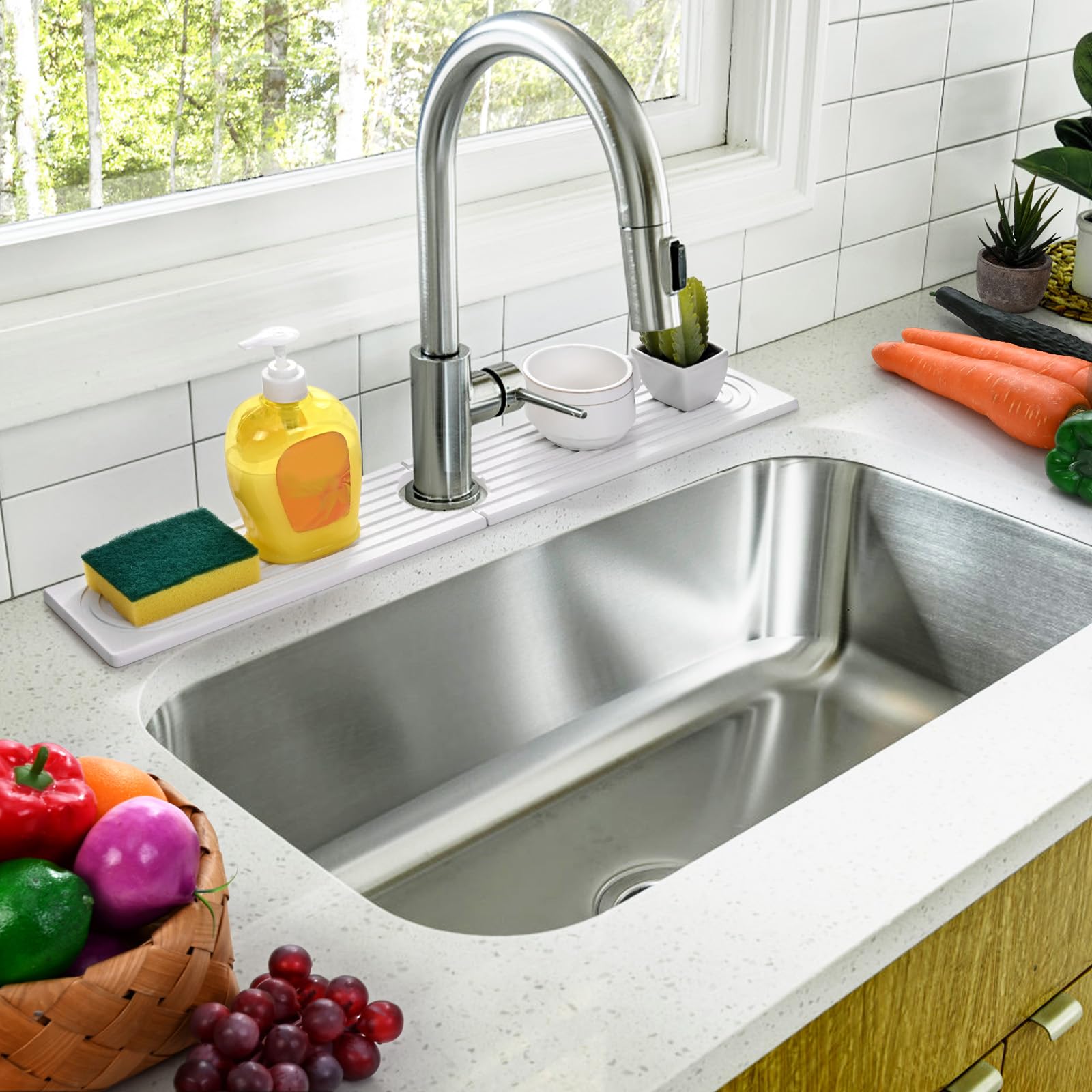 Qtencas Diatomaceous Earth Sink Mat - 24x4 Inch White for Kitchen Counter Clean & Dry Instantly