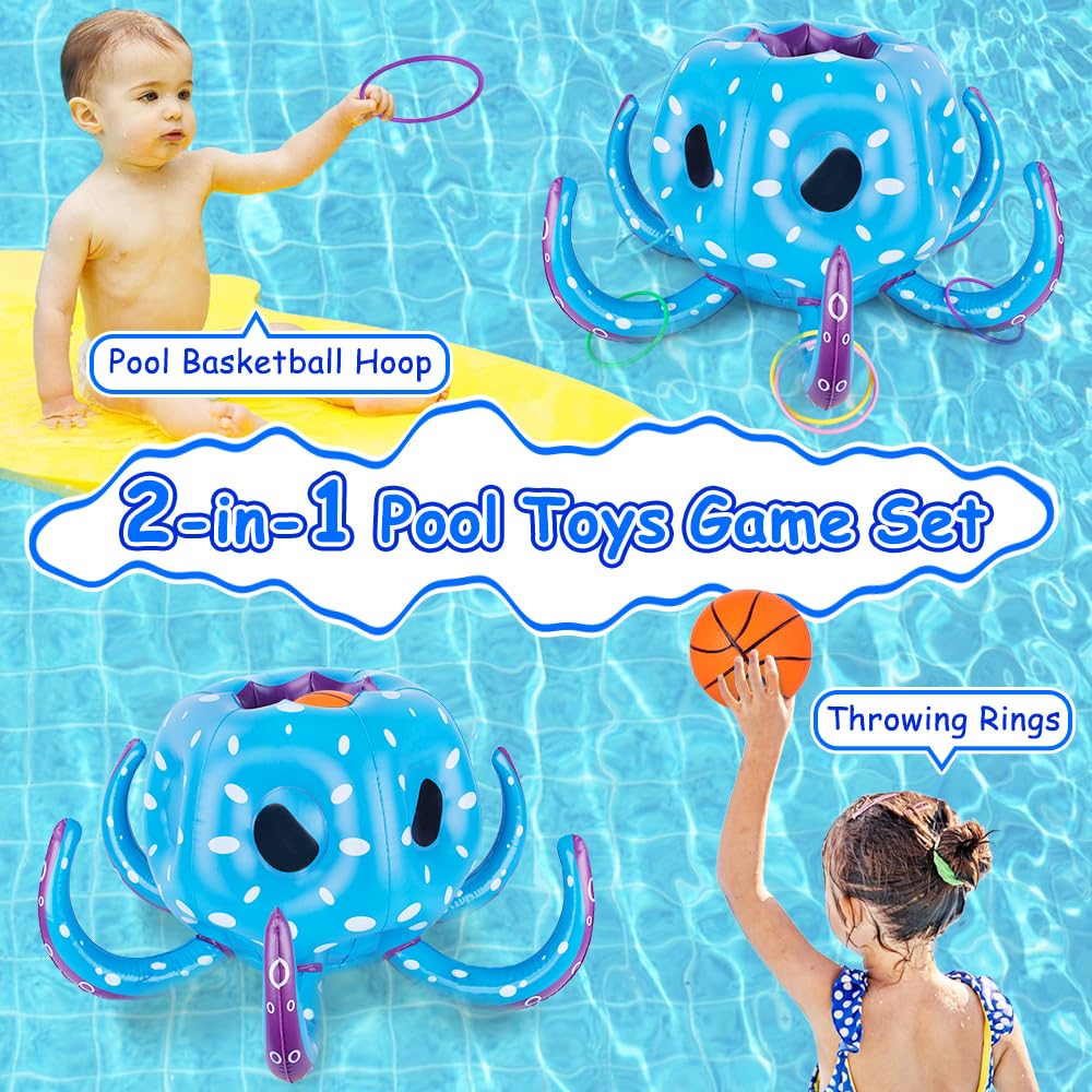 **Inflatable Pool Basketball Hoop & Ring Toss Game - 2-in-1 Floating Water Toys for Kids & Adults, Fun Summer Outdoor Pool Party Games, Perfect for Backyard, Beach & Swimming Pool Activities**