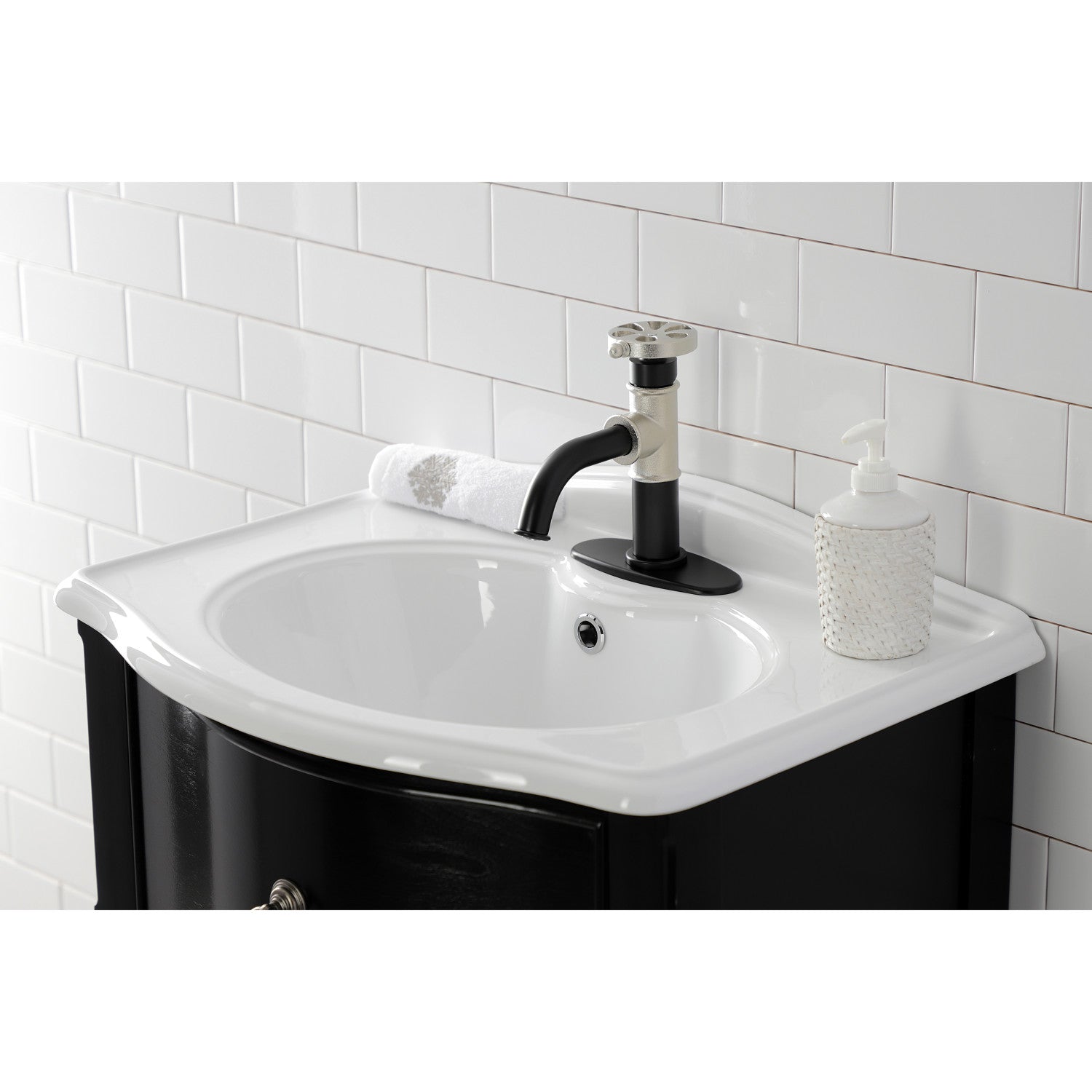 Belknap KSD2826RX Single Handle Bathroom Sink Faucet with Deck Plate & Push Pop-Up Drain - Matte Black/Polished Nickel Finish - Perfect for Modern Bathroom Renovations and Small Space Vanities