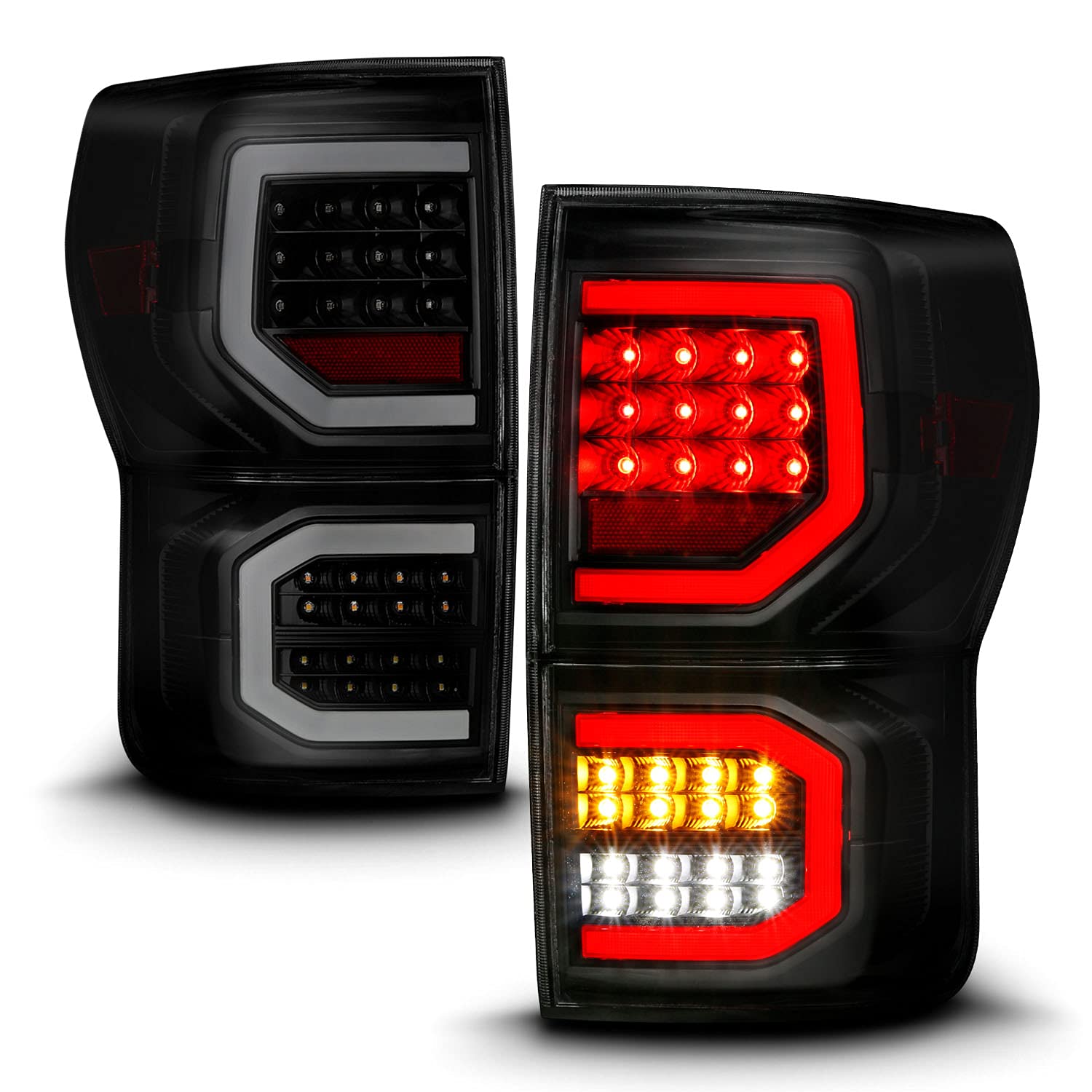 AmeriLite LED Tail Lights for 2007-2013 Toyota Tundra - Dark Black Dual C-Type Tube Replacement Brake Lamps | Enhanced Visibility & Style for Night Driving & Off-Road Adventures