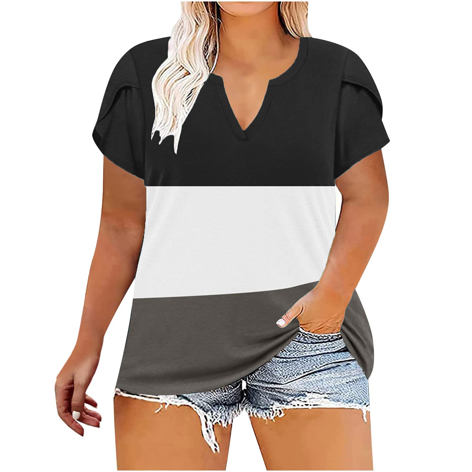 Women's Color Block Stitched V-Neck Short Sleeve Lantern Sleeve T-Shirt - Summer Spring Casual Loose Fit Plus Size Elegant Tee for Everyday Wear, Office & Weekend Outings
