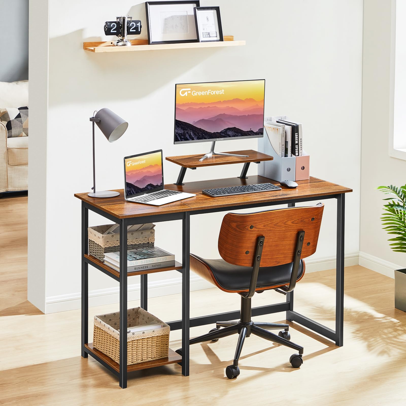 GreenForest 39-inch Computer Desk with Monitor Stand | Reversible Storage Shelf | Home Office Desk for Small Spaces | Easy Assembly | Walnut Finish | Perfect for Remote Work & Gaming Setup