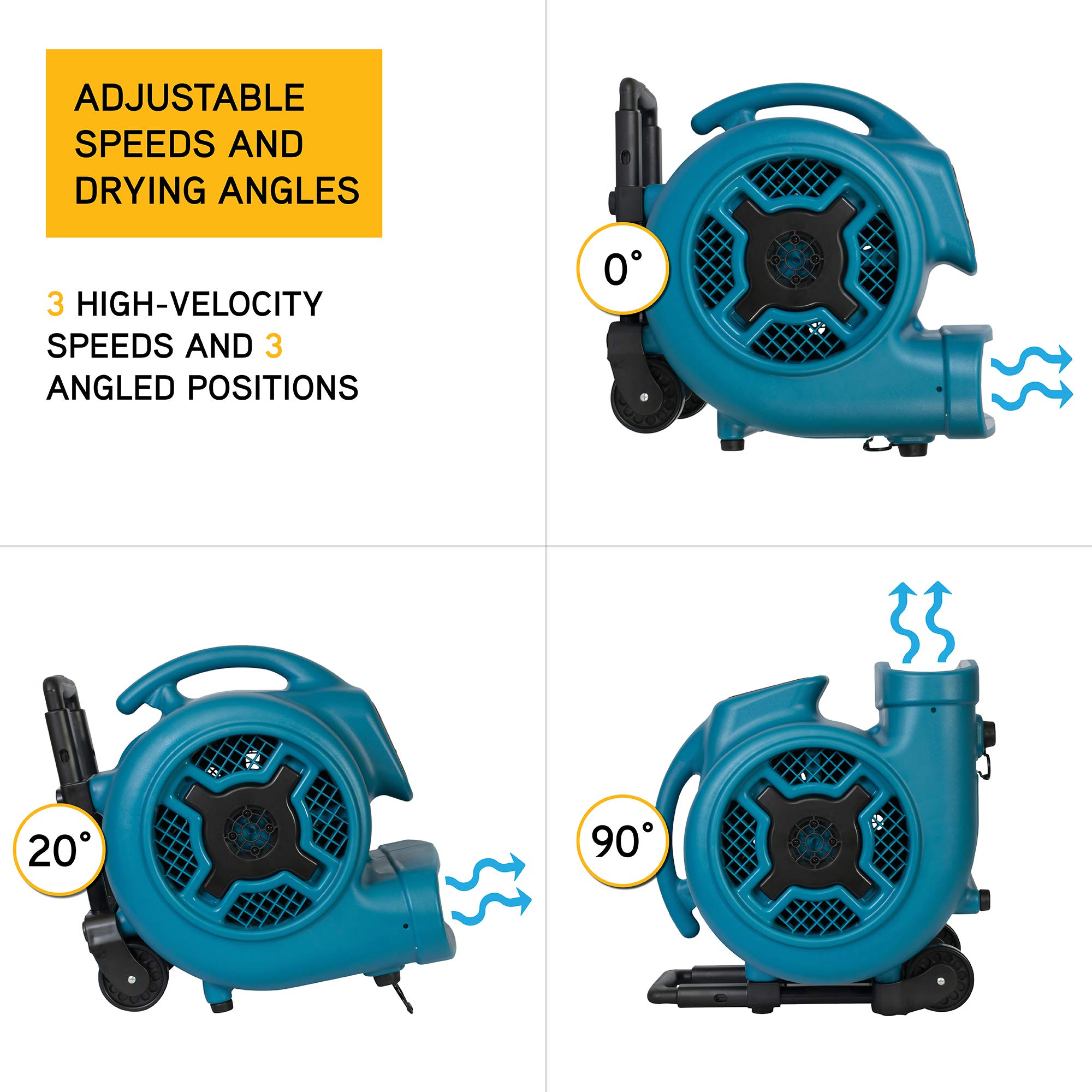 XPOWER P-830H Pro 1 HP 3600 CFM Heavy Duty Centrifugal Air Mover - Carpet Dryer, Floor Fan & Blower with Telescopic Handle & Wheels - Ideal for Water Damage Restoration, Janitorial Cleaning, Plumbing Work & Home Use - Perfect for Basements, Garages & Flooded Areas