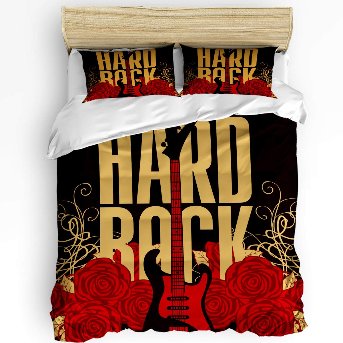 1998 Electric Guitar Duvet Cover Set - 3 Piece King Size Soft Bedding Set with Zipper, Red Rose Design (Includes 1 Comforter Cover & 2 Pillow Shams) - Perfect for Rock Music Lovers' Bedroom Decor