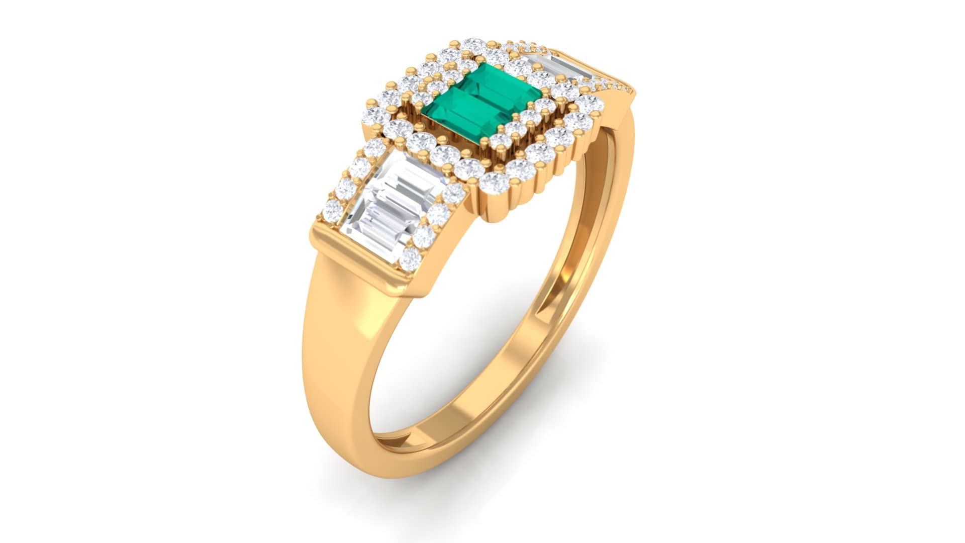 Natural Emerald Engagement Ring with Diamond Accents - 14K Solid Gold Baguette Cut Art Deco Style for Wedding, Proposal & Anniversary Gifts