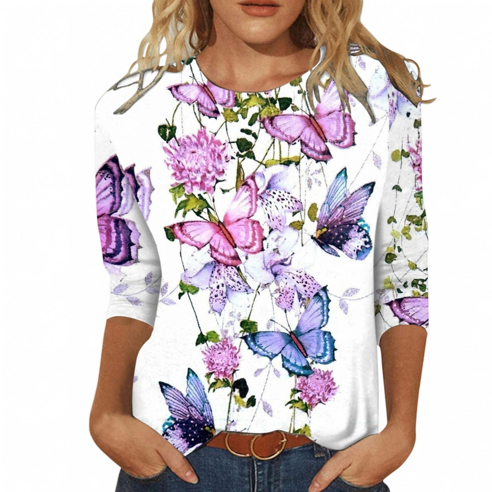Masbird Women's 3/4 Sleeve Gradient O-Neck Blouse - Casual Loose T-Shirt for Summer | Dressy Casual Tops for Work, Date Night & Weekend Outings
