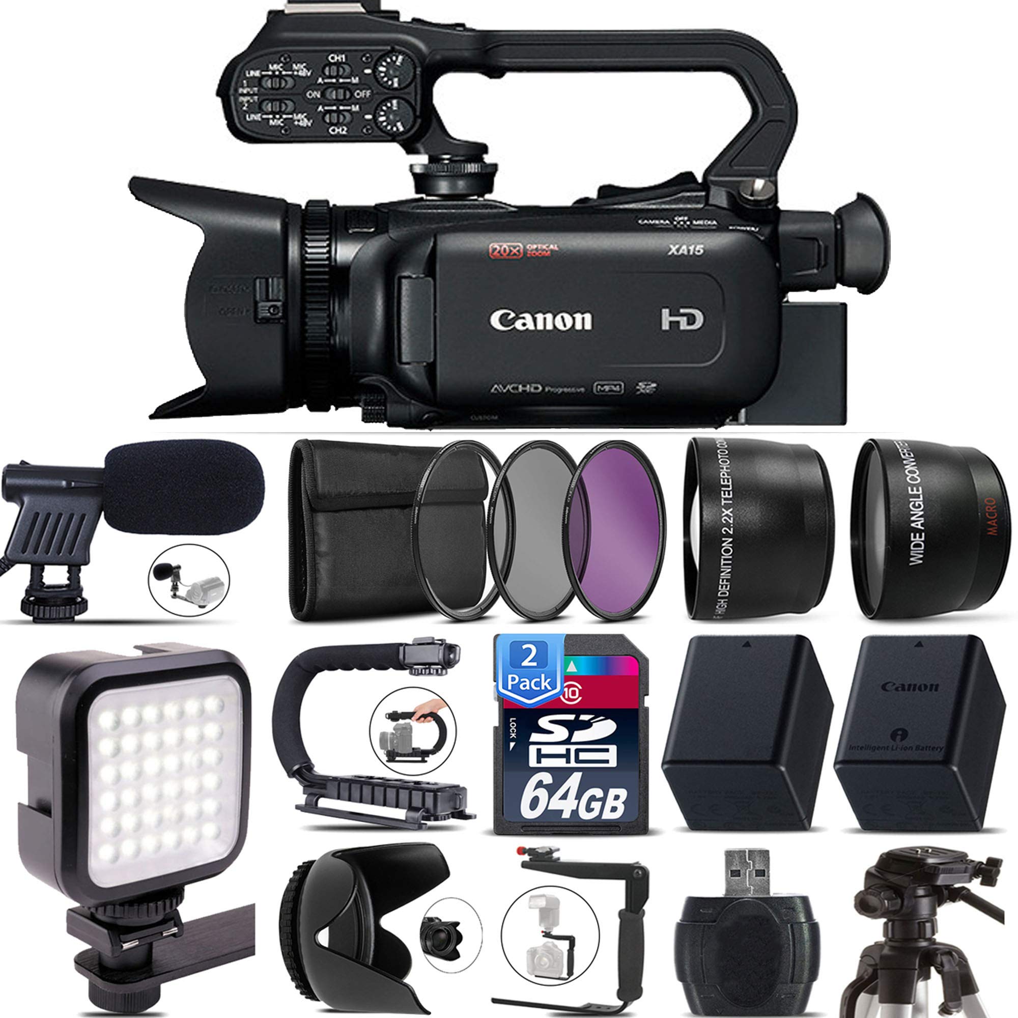 Canon XA15 Professional Full HD Camcorder with SDI/HDMI/Composite Outputs, 20x Optical Zoom & 3.5mm Mic Input - Essential Bundle for Vlogging, Live Streaming & Event Videography (USA Stock)