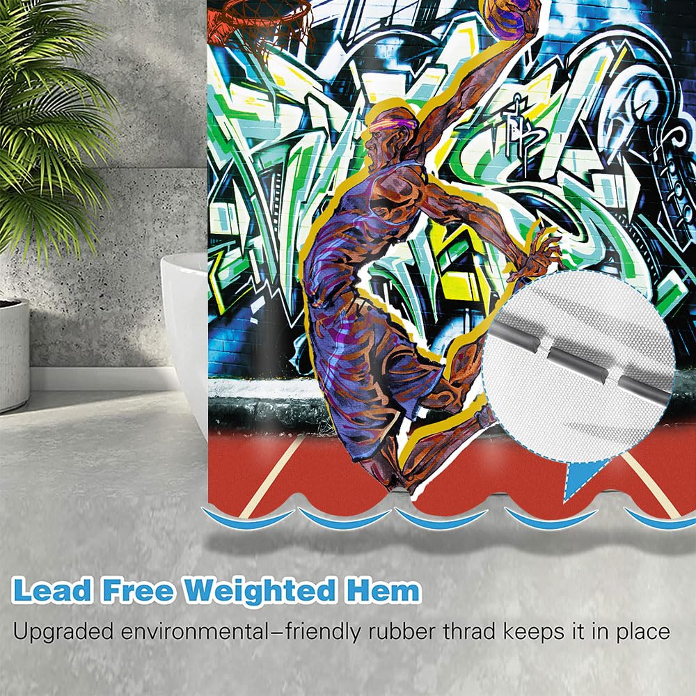 Basketball Shower Curtain - Sports Graffiti Design with High Contrast Silhouette of Dunking Athlete - 72x78 Inch Bathroom Decor for Boys, Teens & Sports Fans - Perfect for Game Room or Basketball Themed Bathroom