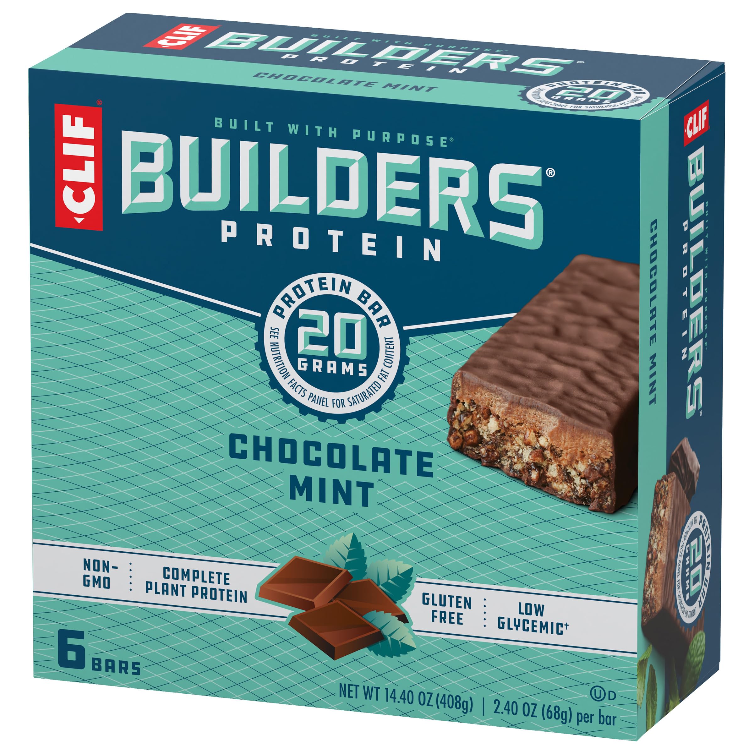 CLIF Builders Chocolate Mint Protein Bars - 20g Plant-Based Protein, Gluten Free, Non-GMO, Low Glycemic - 2.4oz (6 Pack) - Perfect for Post-Workout Recovery, Hiking & On-the-Go Snacking