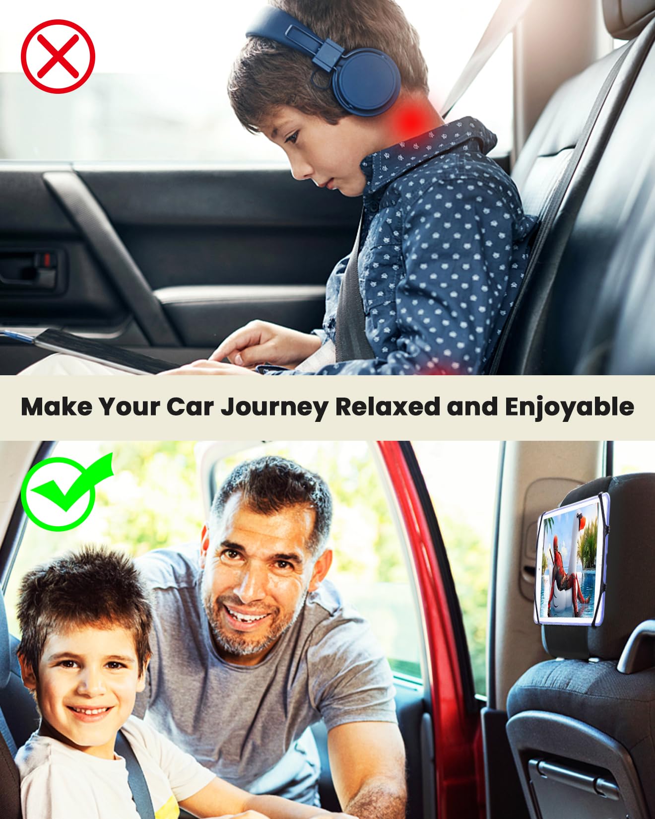 Upgraded WONNIE Car Tablet Holder for iPad - Universal 7-12.9 Inch Tablet Mount with Anti-Slip Strap & Silicone Net - Perfect Backseat Entertainment for Kids on Road Trips & Long Drives