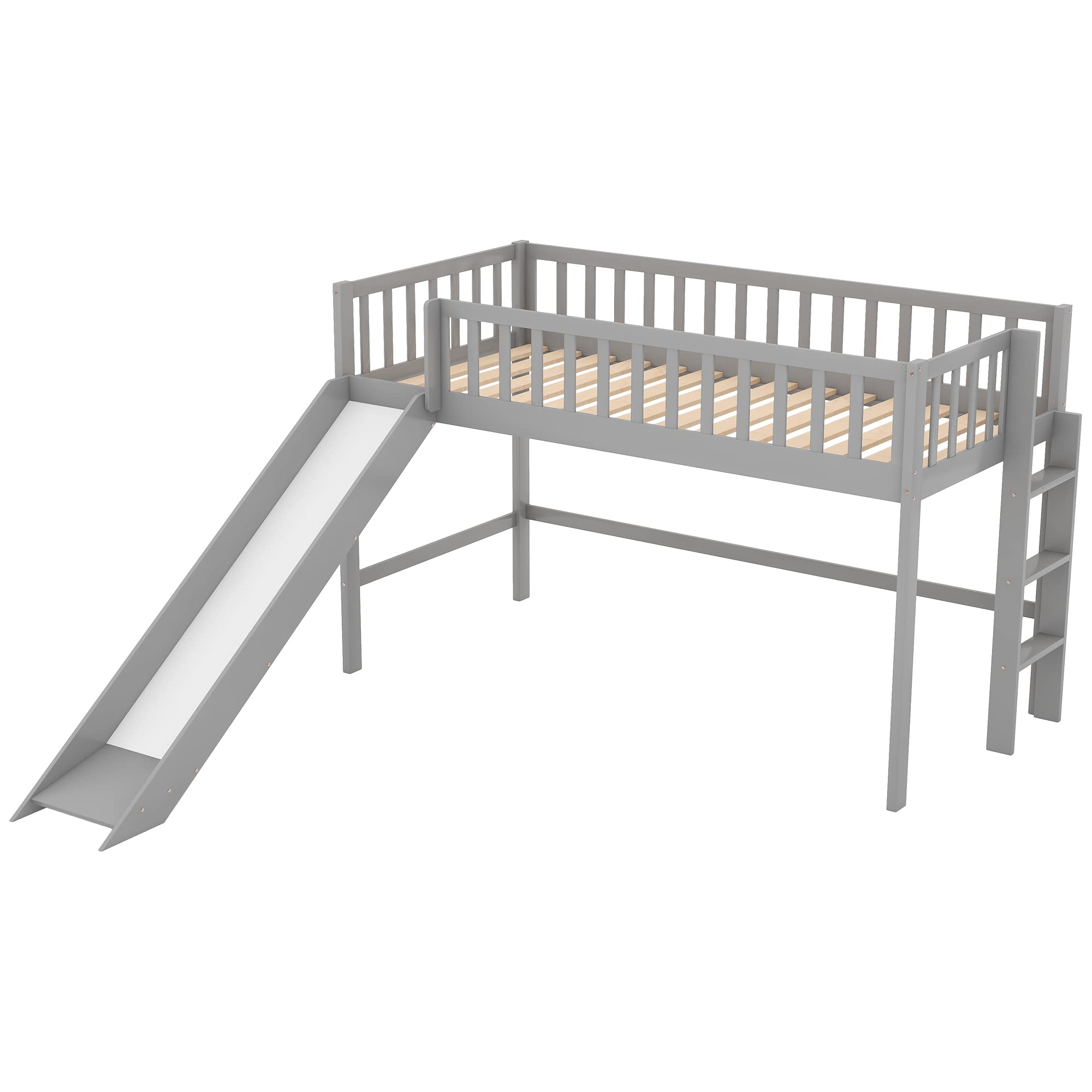Low Loft Bed with Removable Slide - Twin Size Kids Loft Bed Frame with Ladder & Full-Length Guardrails - Sturdy Wood Loft Bed for Boys & Girls - Gray - Perfect for Small Bedrooms, Playrooms & Dorm Rooms